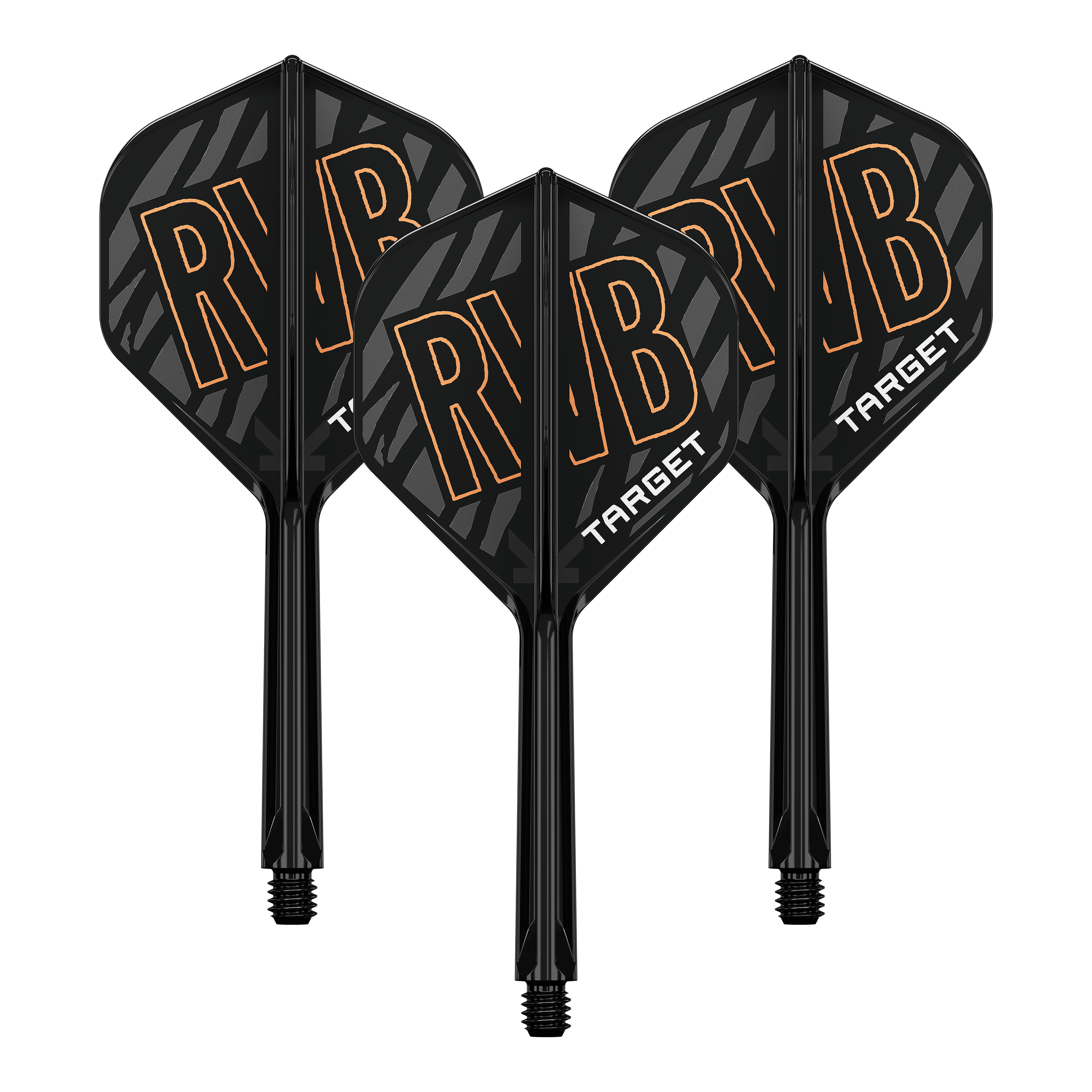 Target K-Flex Raymond Van Barneveld No2 Sistema de eje de vuelo estándar Das Bild zeigt drei schwarze Dartflights mit integrierter Schaftsystem. Auf den Flights steht in großen Buchstaben "RVB" und darunter "TARGET".