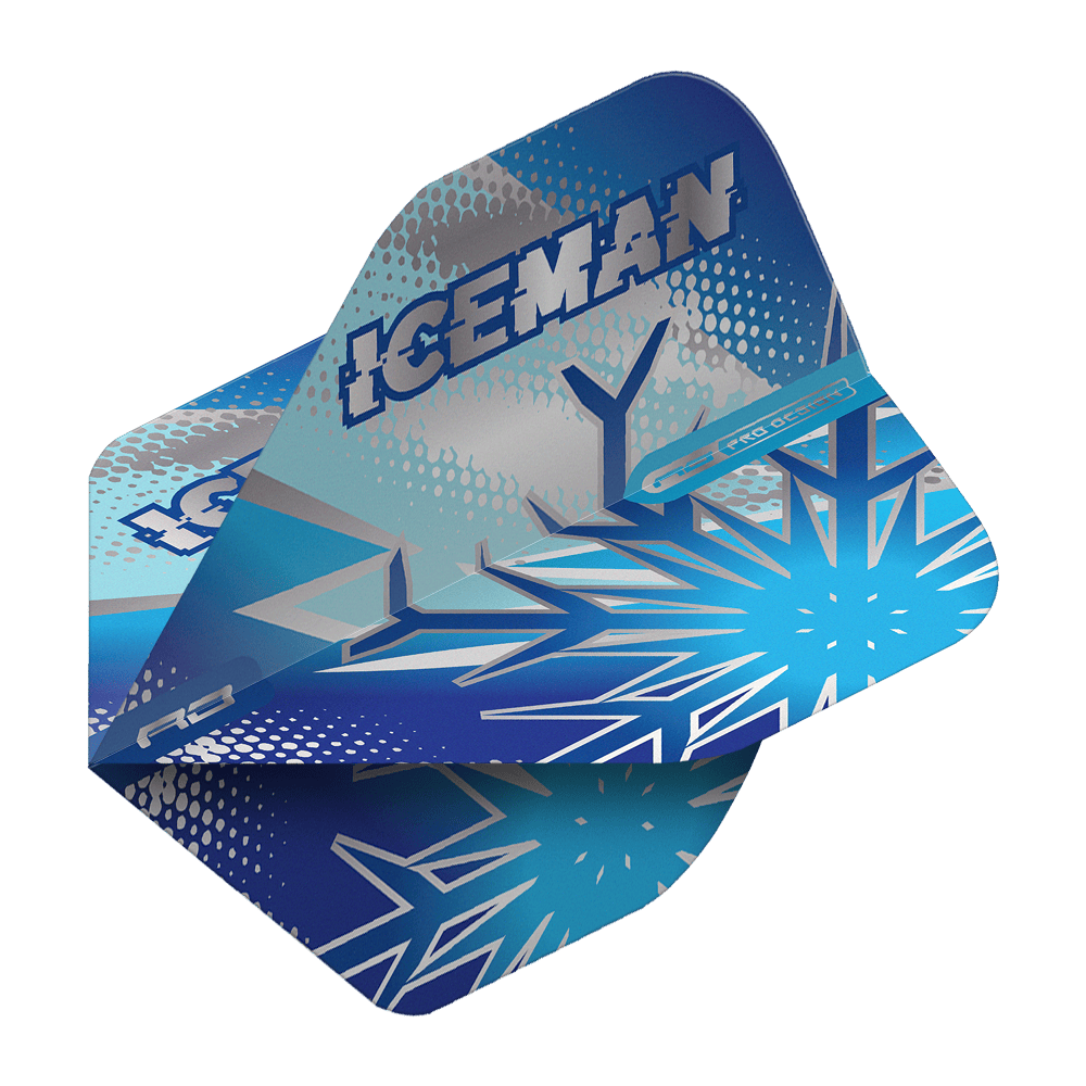Red Dragon Gerwyn Price Blue Flake No2 Vuelos Estándar Das Bild zeigt die Dartflights „Red Dragon Gerwyn Price Blue Flake No2 Standard Flights“ in Blau mit Eiskristall-Design. Auf den Flights steht groß das Wort „ICEMAN“.