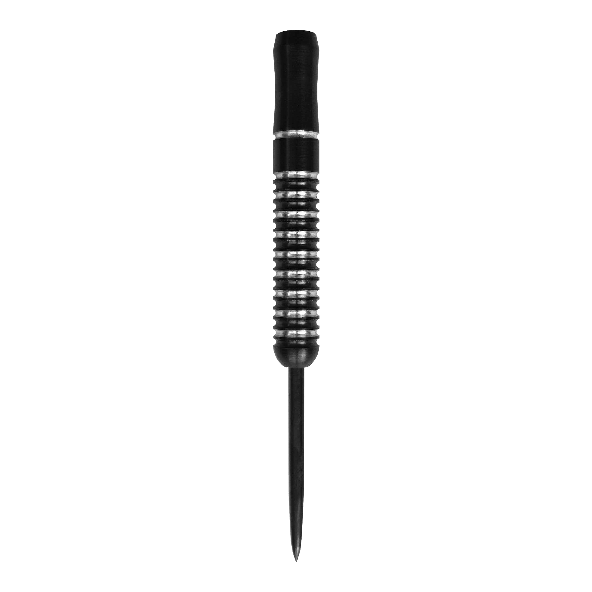 Barriles de dardos de acero McDart Void - 23 g Das Bild zeigt einen McDart Void Steeldart Barrel mit einem Gewicht von 23g. Der Dart hat ein schwarz-silbernes Rillenmuster und eine spitze Metallspitze.