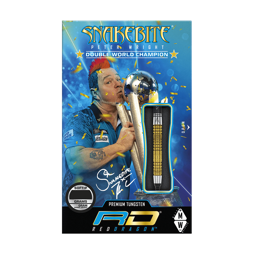 Dardos blandos Red Dragon Peter Wright, doble campeón mundial SE Gold Plus - 20 g Das Bild zeigt die Verpackung der "Red Dragon Peter Wright Double World Champion SE Gold Plus Softdarts - 20g". Auf der Verpackung ist ein Bild von Peter Wright mit Pokal und einem goldfarbenen Dart abgebildet.