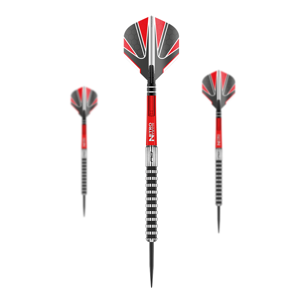 Dardos de acero negro Red Dragon Javelin Das Bild zeigt drei "Red Dragon Javelin Black Steeldarts" mit roten, schwarzen und silbernen Akzenten. Die Dartpfeile haben markante Flügel und eine geriffelte Griffzone.