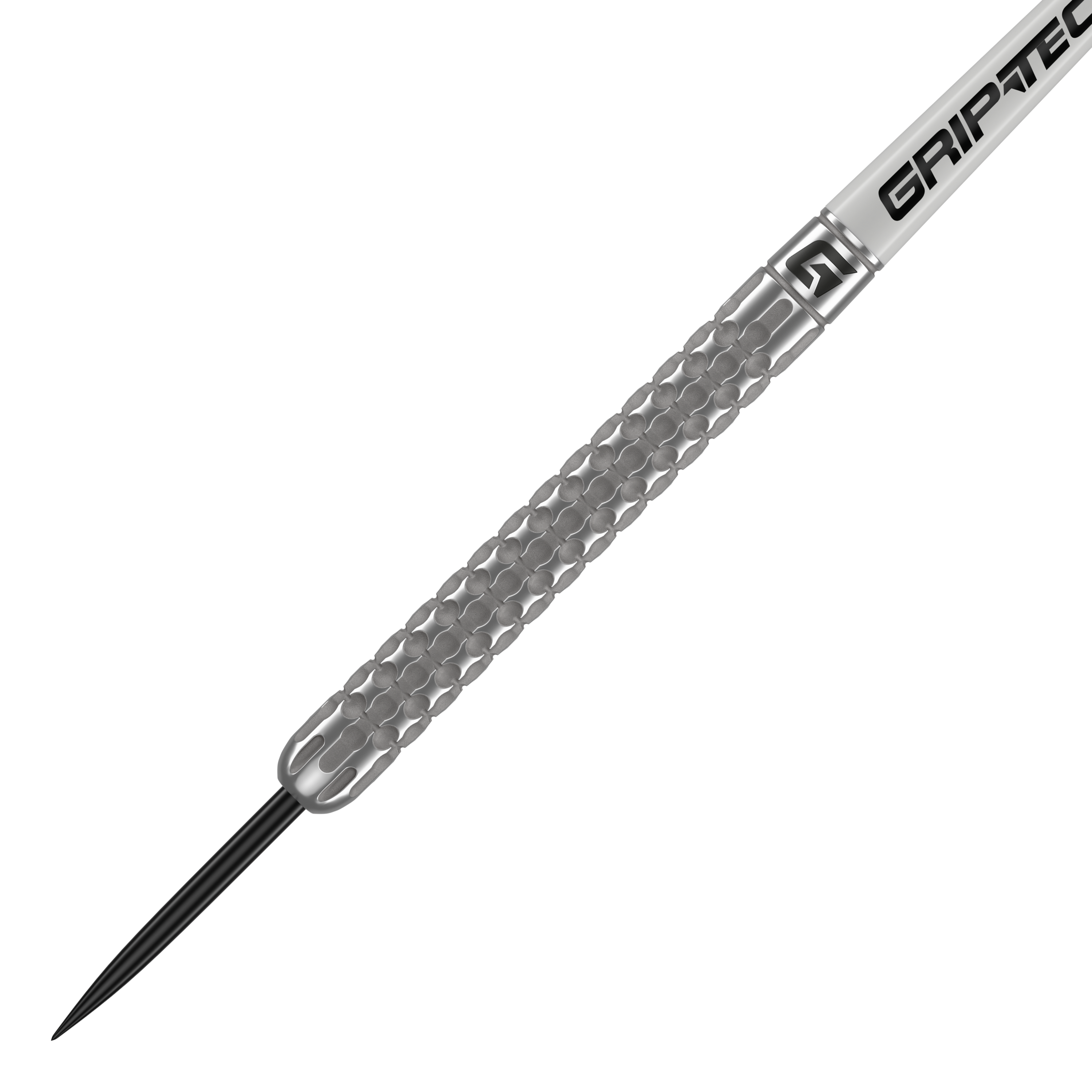 Dardos de acero de tungsteno GOAT Fairway V1 Das Bild zeigt einen GOAT Fairway V1 Tungsten Steeldart. Der Dart hat eine silberne, strukturierte Oberfläche und eine schwarze Spitze.