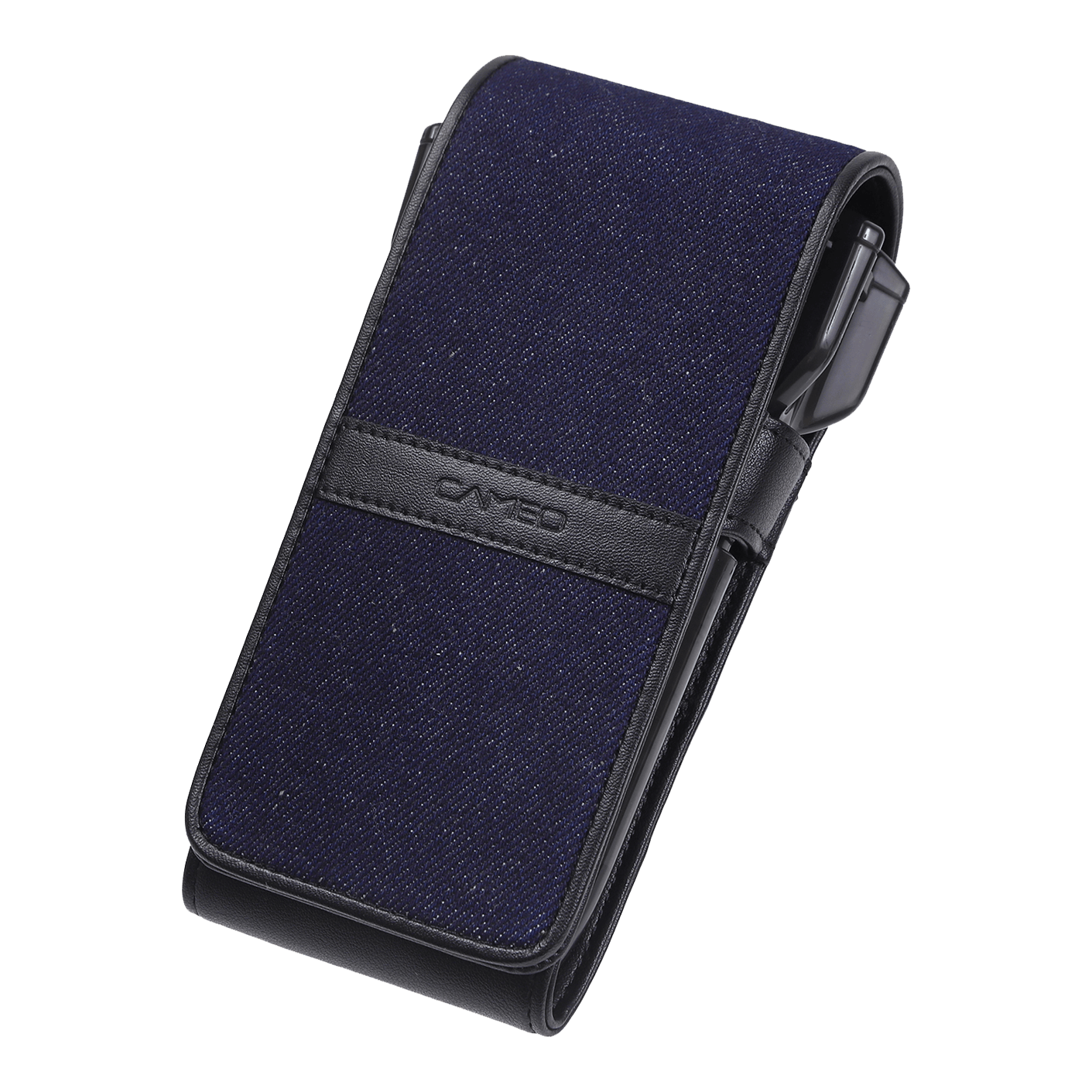 Estuche para dardos de hilo Cameo Das Bild zeigt ein elegantes Dartcase in Navyblau mit schwarzen Akzenten. Das Etui hat einen modernen Look und trägt den Schriftzug "Cameo" auf der Vorderseite.