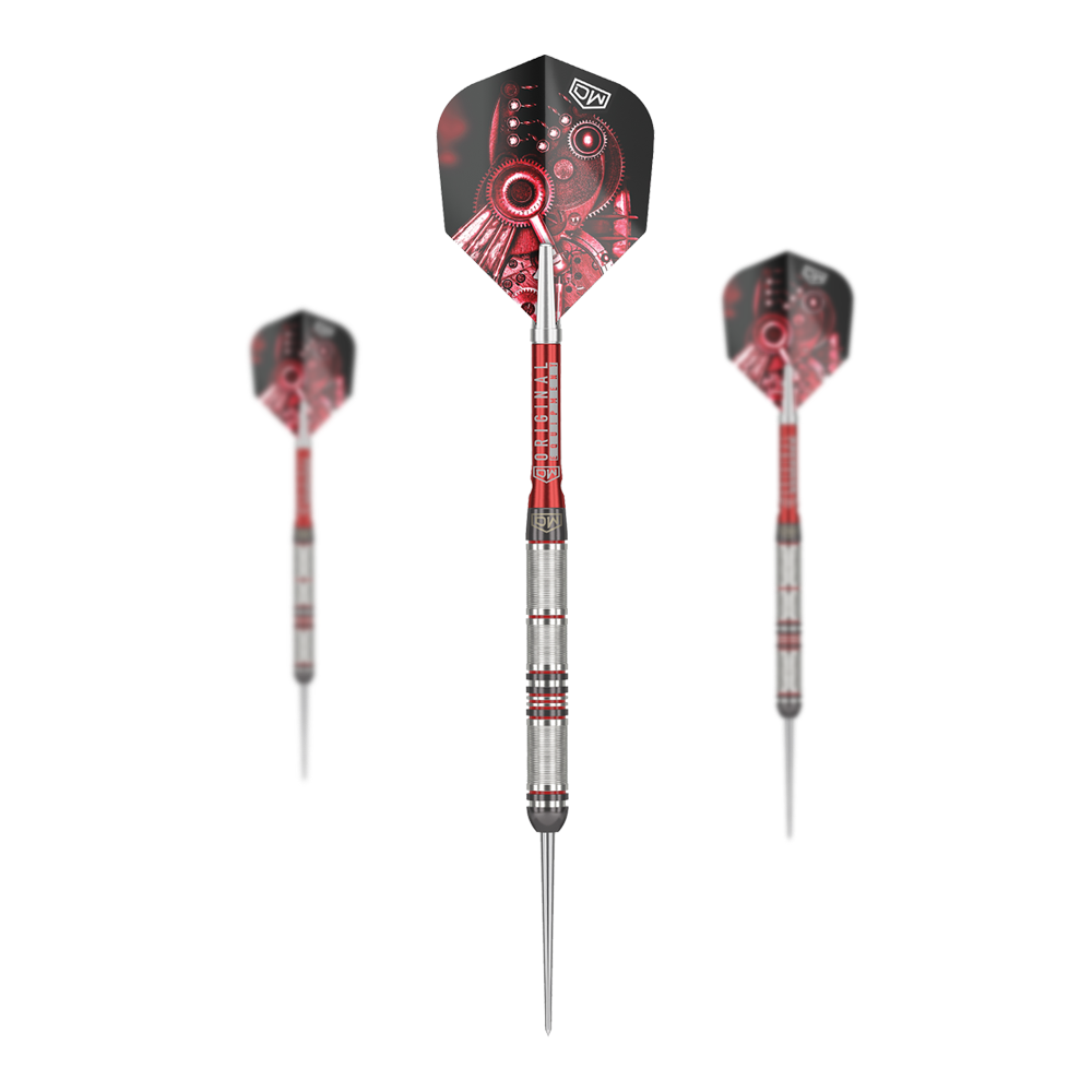 Dardos de acero DW Piranha Razor 01 Das Bild zeigt drei Steeldarts des Produkts "DW Piranha Razor 01". Die Darts haben silberne Griffe mit roten Akzenten und Flights mit einem roten Zahnrad-Motiv.