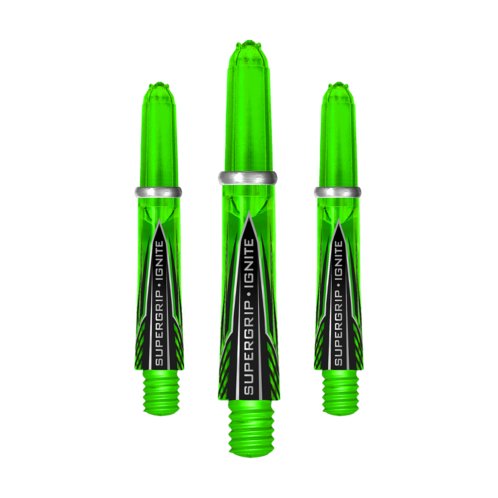 HR389_Harrows_Supergrip_Ignite_Shafts_Gr-n_33mm_1 Zu sehen sind Harrows Supergrip Ignite Shafts. Die Dartschäfte weisen ein modernes Design auf.