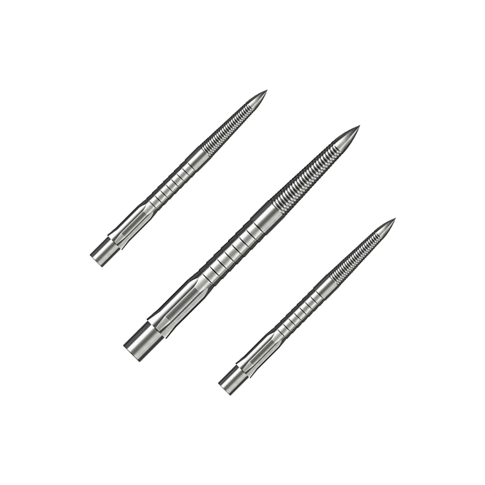 Puntas de dardos Caliburn System de acero - Micro Grip - Plateadas Das Bild zeigt drei silberne Steeldartspitzen mit feinem Micro-Grip. Sie sind 28 mm lang und sauber nebeneinander angeordnet.