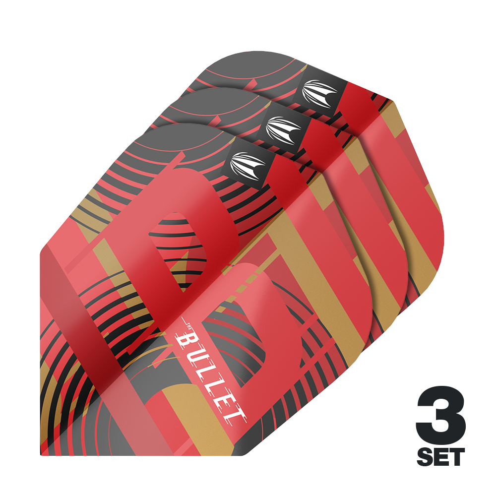 Plumas Target Pro Ultra Stephen Bunting GEN5 No6 - 3 juegos Das Bild zeigt drei Sätze der Target Pro Ultra Stephen Bunting GEN5 No6 Flights. Die Flights sind rot, schwarz und gold gefärbt und tragen das Wort "BULLET".