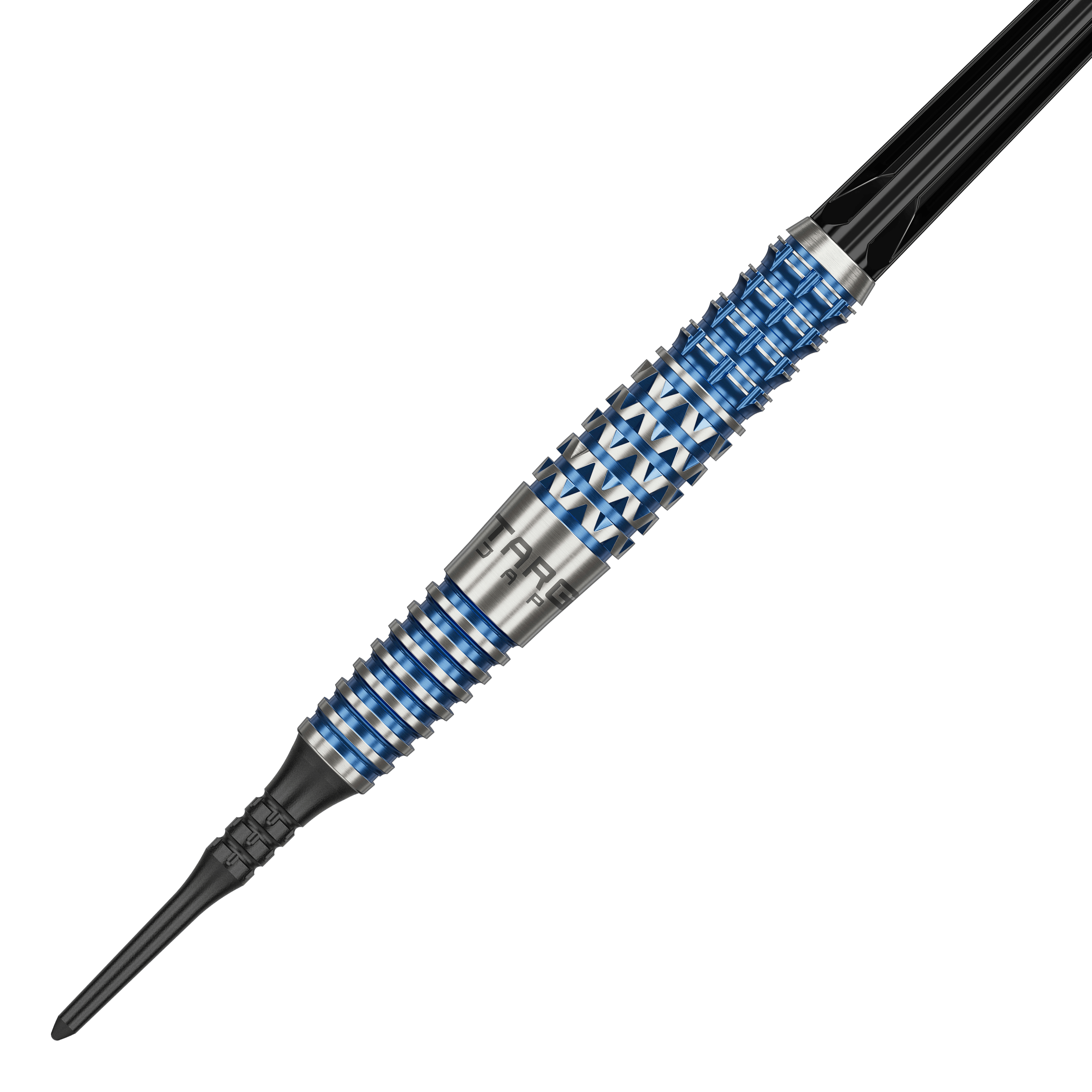 Dardos blandos Target Japan Toru Suzuki Sereno GEN2 - 20 g Dies ist ein Softdart namens "Target Japan Toru Suzuki Sereno GEN2 Softdarts - 20g". Der Dartpfeil hat ein silbernes und blaues Rillendesign mit schwarzen Elementen.