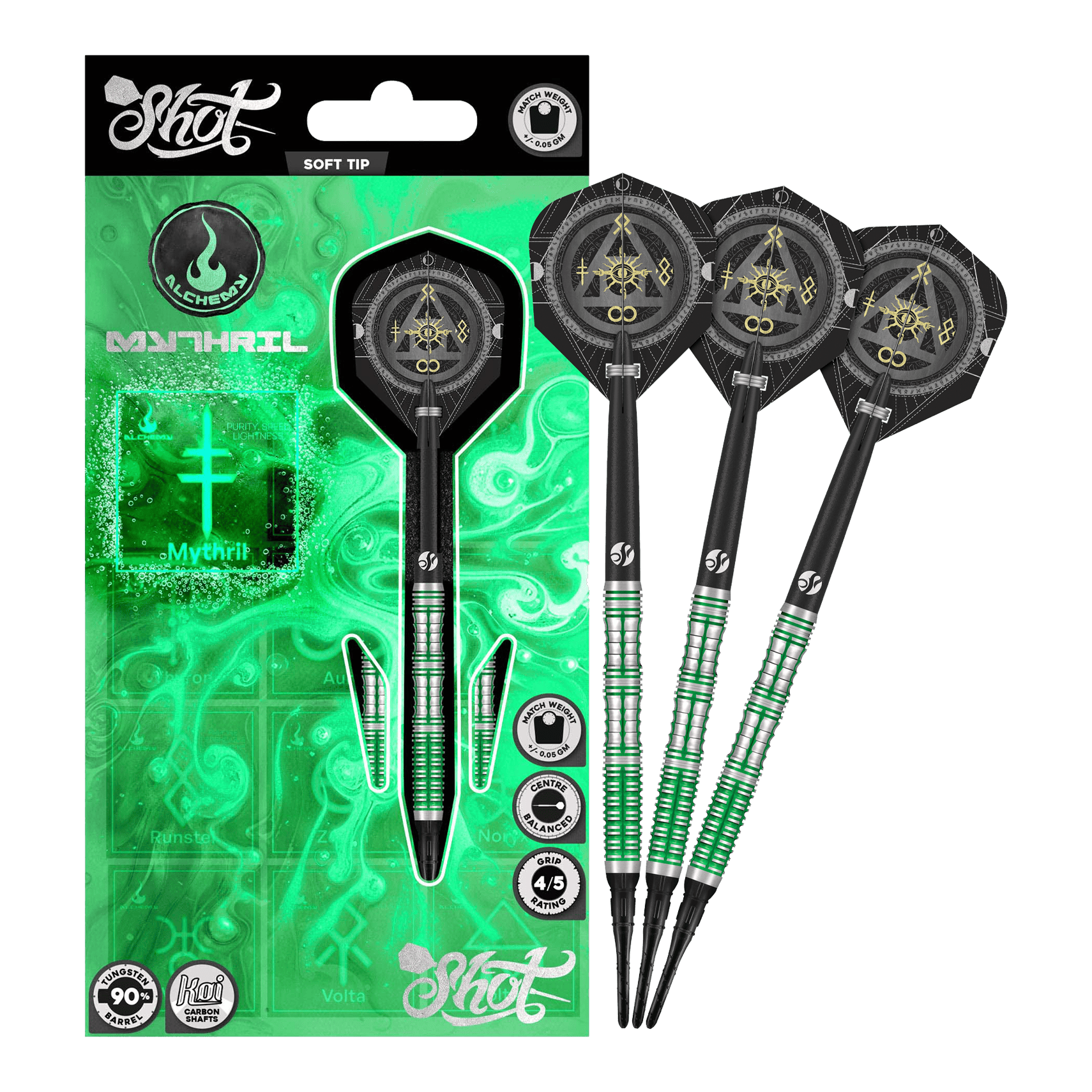 Abgebildet sind die Shot Alchemy Mythril Softdarts - 20g in voller Ansicht. Das Produkt wird komplett dargestellt.