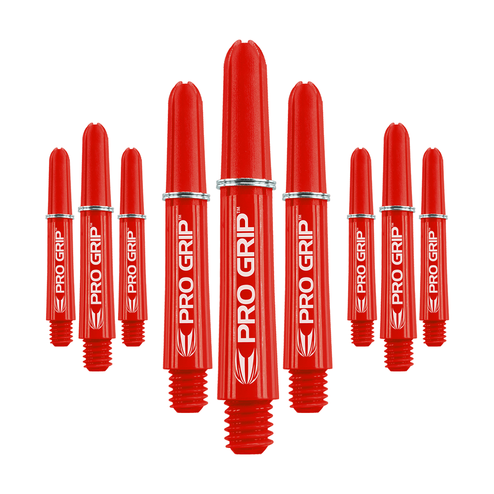 Varillas Target Pro Grip - 3 juegos - Rojas Das Bild zeigt neun rote Dart-Schäfte mit der Aufschrift "PRO GRIP". Sie sind in drei Gruppen angeordnet und haben ein auffälliges, glänzendes Design.