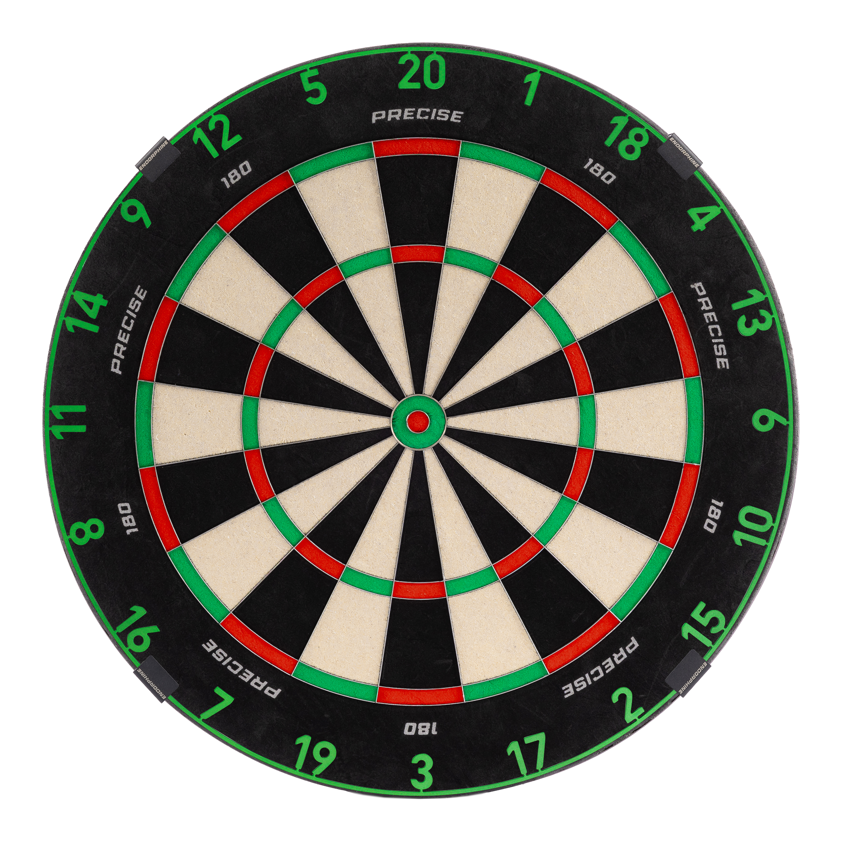 Diana de dardos de acero Endorphine de precisión 180 con anillo numerado - Verde esmeralda Zu sehen ist ein Precise 180 Endorphine Steeldartboard mit Nummernring. Es bietet ein klassisches Dartboard-Design.