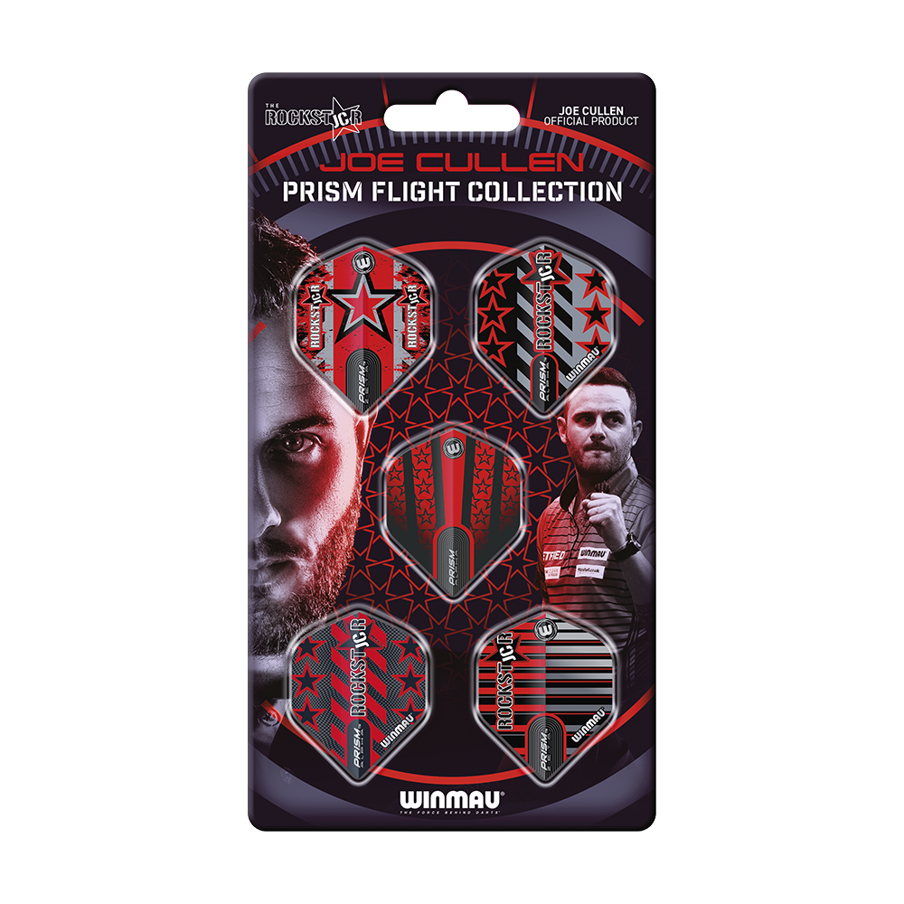 8138_Winmau_Joe_Cullen_Prism_Flight_Collection_1 Das Bild zeigt die "Winmau Joe Cullen Prism Flight Collection", eine Sammlung von Dart-Flights. Die Verpackung ist rot-schwarz gestaltet und zeigt verschiedene Motive sowie Bilder von Joe Cullen.