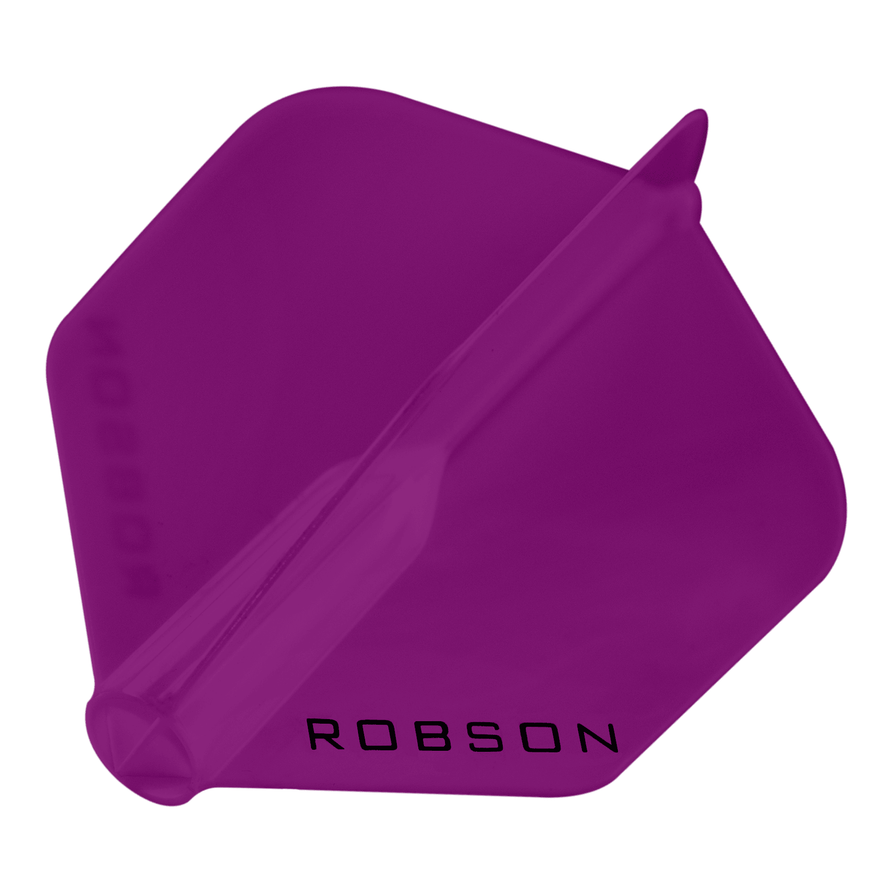 Plumas Robson Plus - Estándar Das Bild zeigt ein violettes Dartflight mit sechseckiger Form. Auf dem Flight steht das Wort "ROBSON" in schwarzen Buchstaben.