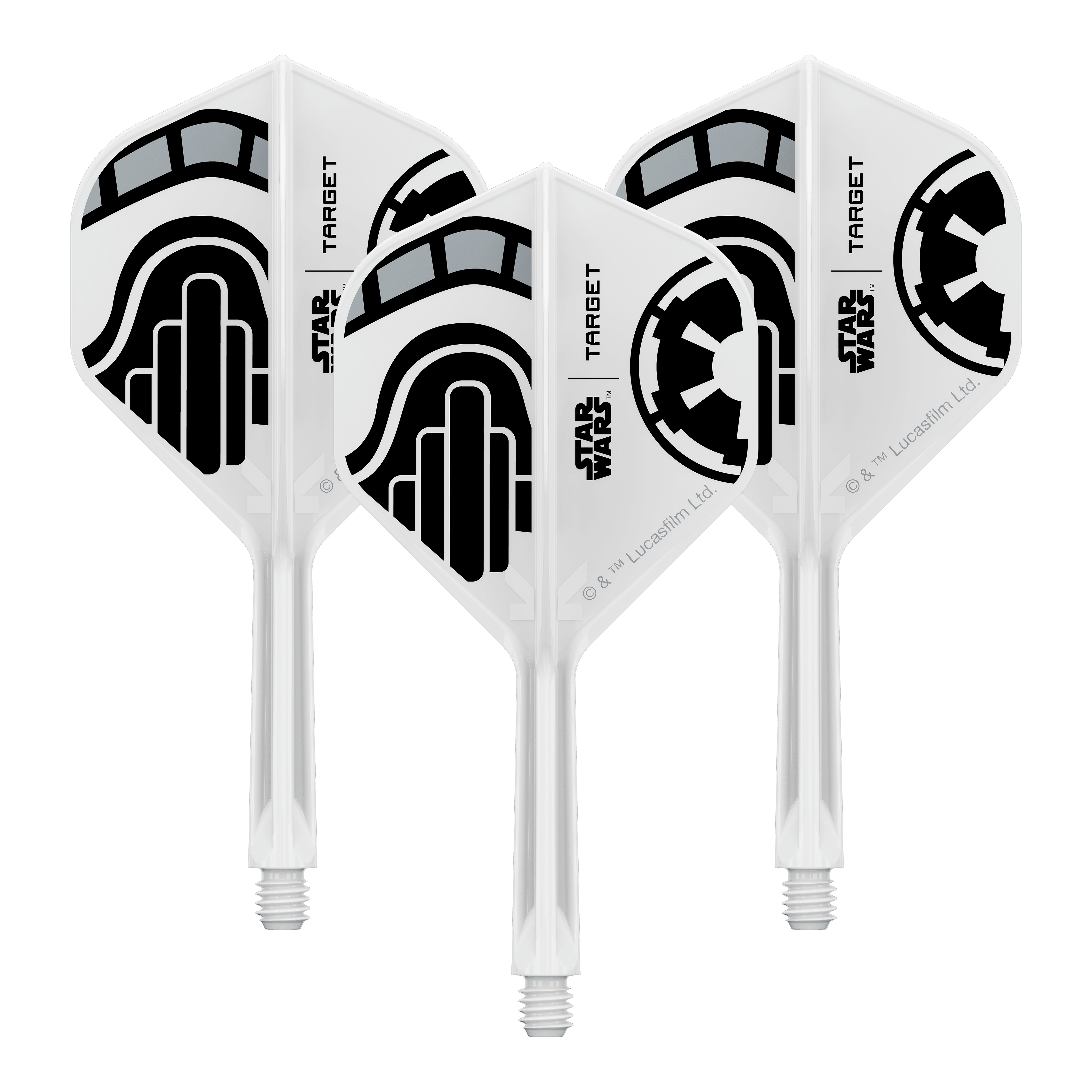 Target Star Wars K-Flex Stormtrooper No. 2 Vuelos Estándar Abgebildet ist ein Set von Dart-Flights der Star Wars KFlex Stormtrooper No2 Standard Serie. Die Flights sind für den Intermediate-Bereich und haben eine Länge von 26 mm.