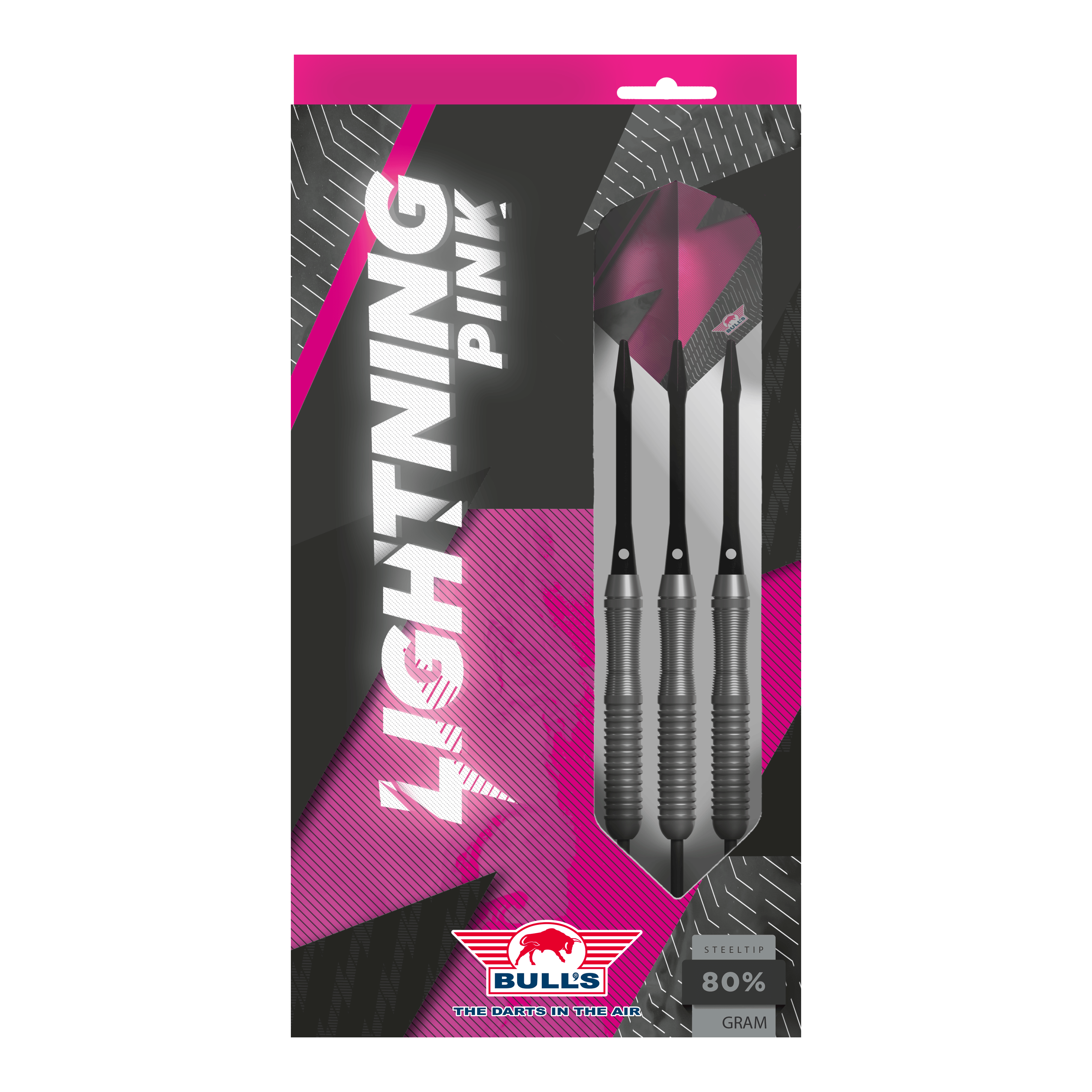 Dardos de acero Bulls NL Lightning Pink Das Bild zeigt eine Verpackung der "Bulls NL Lightning Pink Steeldarts". Die Darts sind in Schwarz und Pink gestaltet und haben einen Stahlspitze.