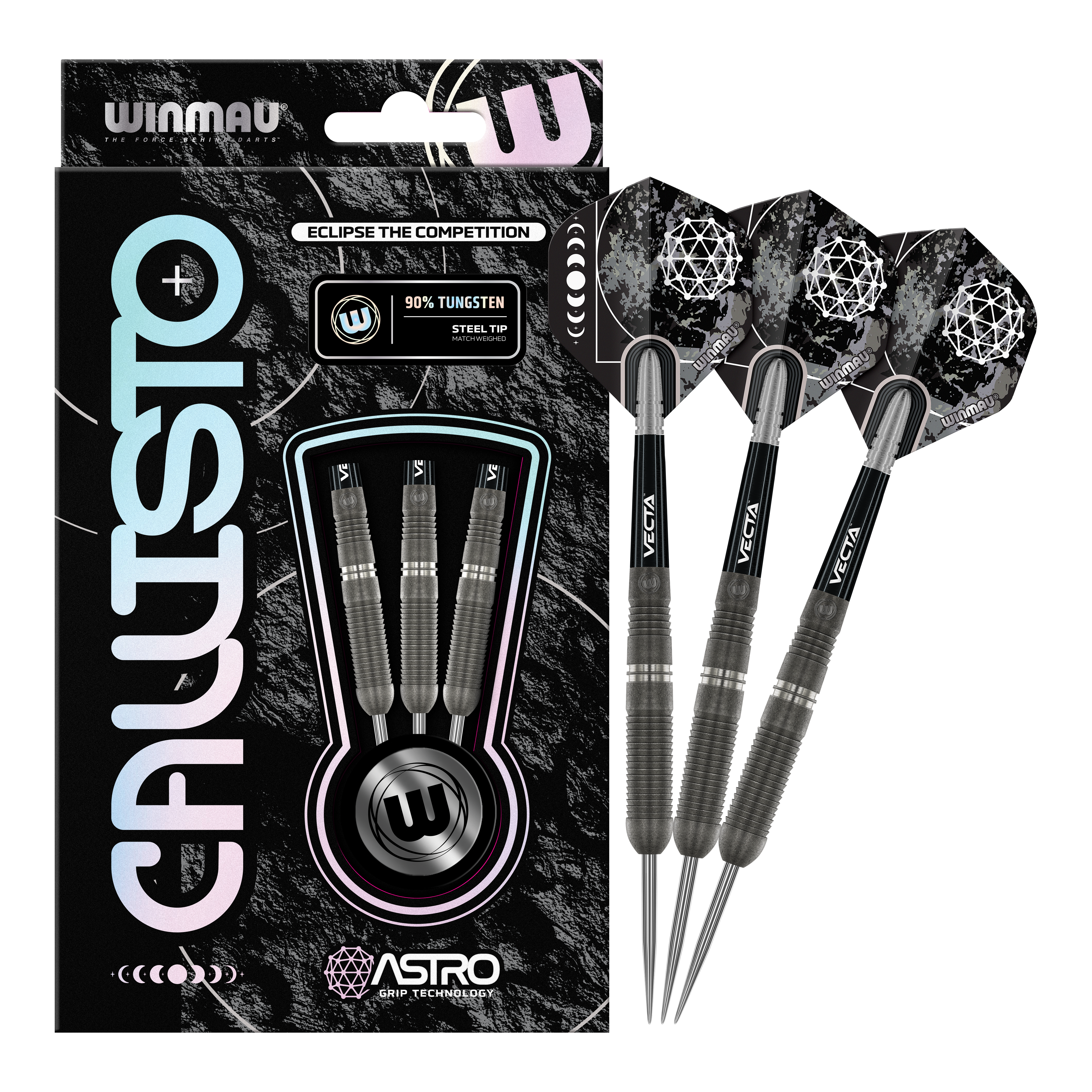 Dardos de acero Winmau Callisto 03 Das Bild zeigt die "Winmau Callisto 03 Steeldarts" in ihrer Verpackung. Rechts daneben sind drei ausgepackte Steeldarts mit schwarzem Design zu sehen.