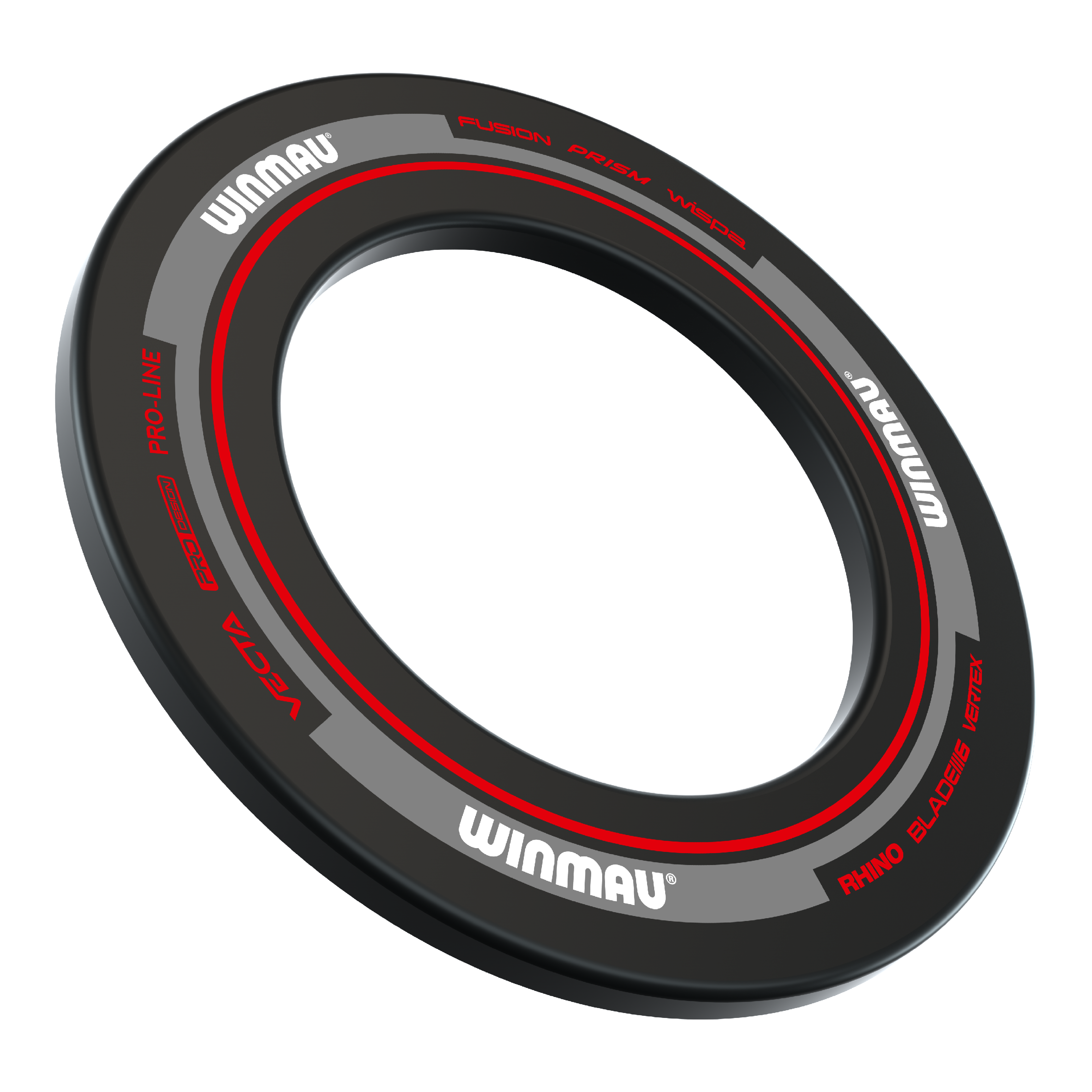 Marco para diana Winmau Advance - Negro Rojo Das Bild zeigt einen Winmau Advance Dartboard Surround in Schwarz und Rot. Der Surround ist rund und hat weiße und rote Schriftzüge.