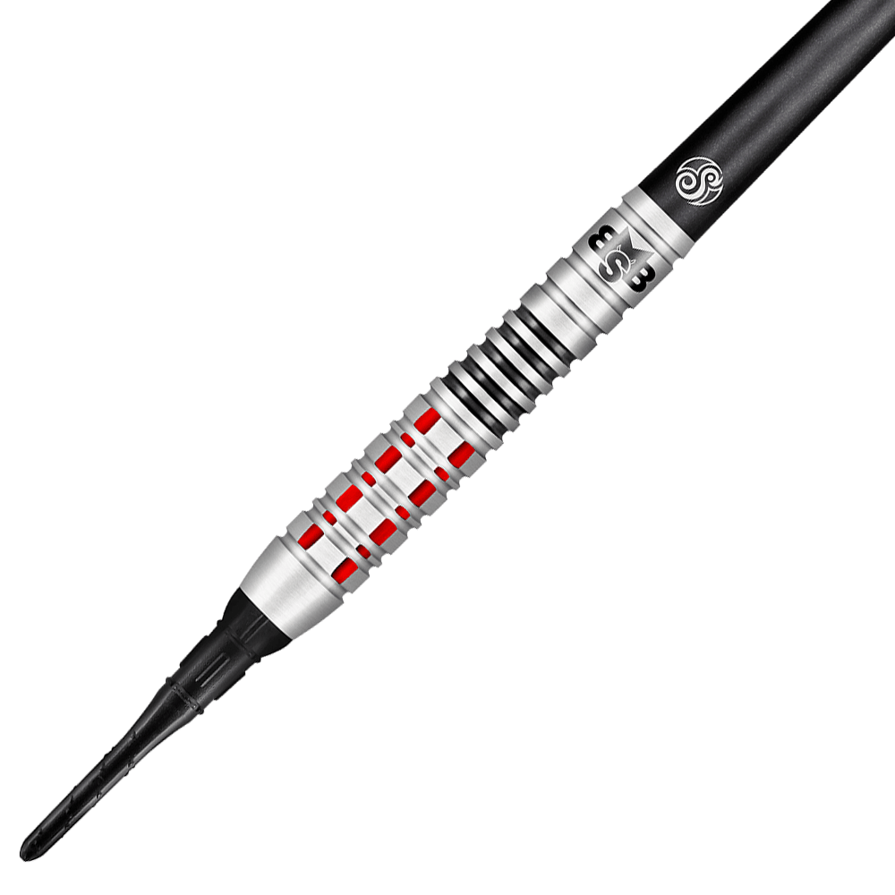 Shoto Michael Smith Believe dardos blandos Das Bild zeigt einen Shot Michael Smith Believe Softdart. Der Dart hat ein silbernes Design mit roten und schwarzen Akzenten.