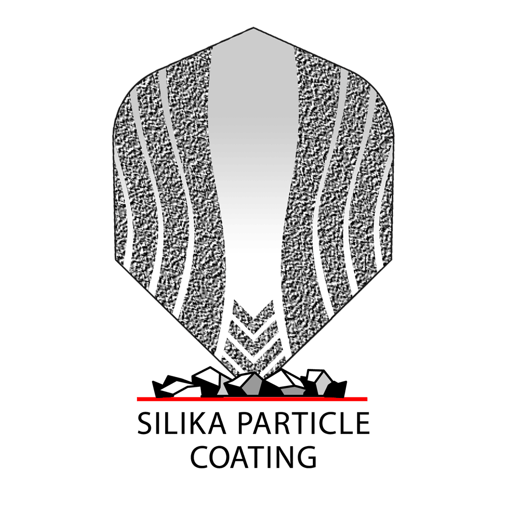 _Harrows_Silika_Lumen_No6_Coating2IZyZwFuCIIxq Das Bild zeigt ein Dartflight mit einem Muster aus geschwungenen Linien und einem Silika-Partikel-Coating. Darunter steht in schwarzer Schrift: "SILIKA PARTICLE COATING".