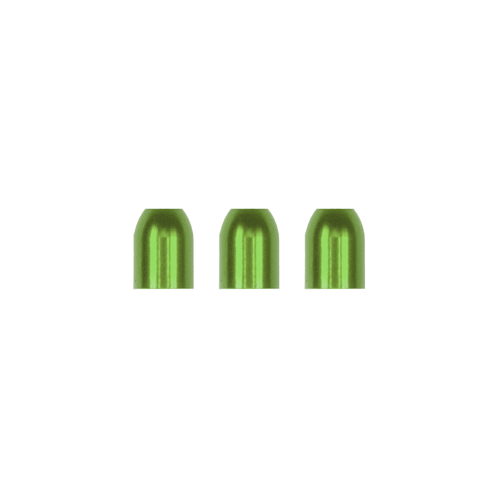 Das Bild zeigt drei grüne L-Style Premium Metall Champagne Ringe. Sie sind nebeneinander in einer Reihe angeordnet.
