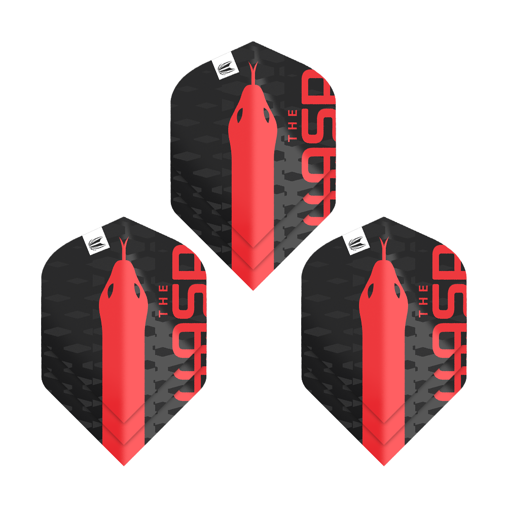 Plumas estándar Target Pro Ultra Nathan Aspinall No2 - 3 juegos Das Bild zeigt drei schwarze Dart-Flights mit einem roten Schlangenkopf und der Aufschrift "THE ASP". Es handelt sich um das Produkt "Target Pro Ultra Nathan Aspinall No2 Standard Flights - 3 Sets".