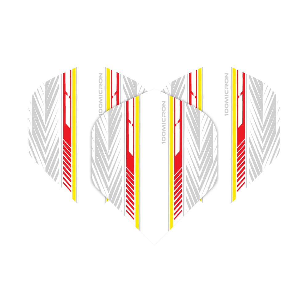 Vuelos de pentatlón blanco/rojo/amarillo Das Bild zeigt die Pentathlon White Red Yellow No2 Standard Flights in einem modernen Design. Die Flights sind weiß mit roten, gelben und grauen Streifen verziert.