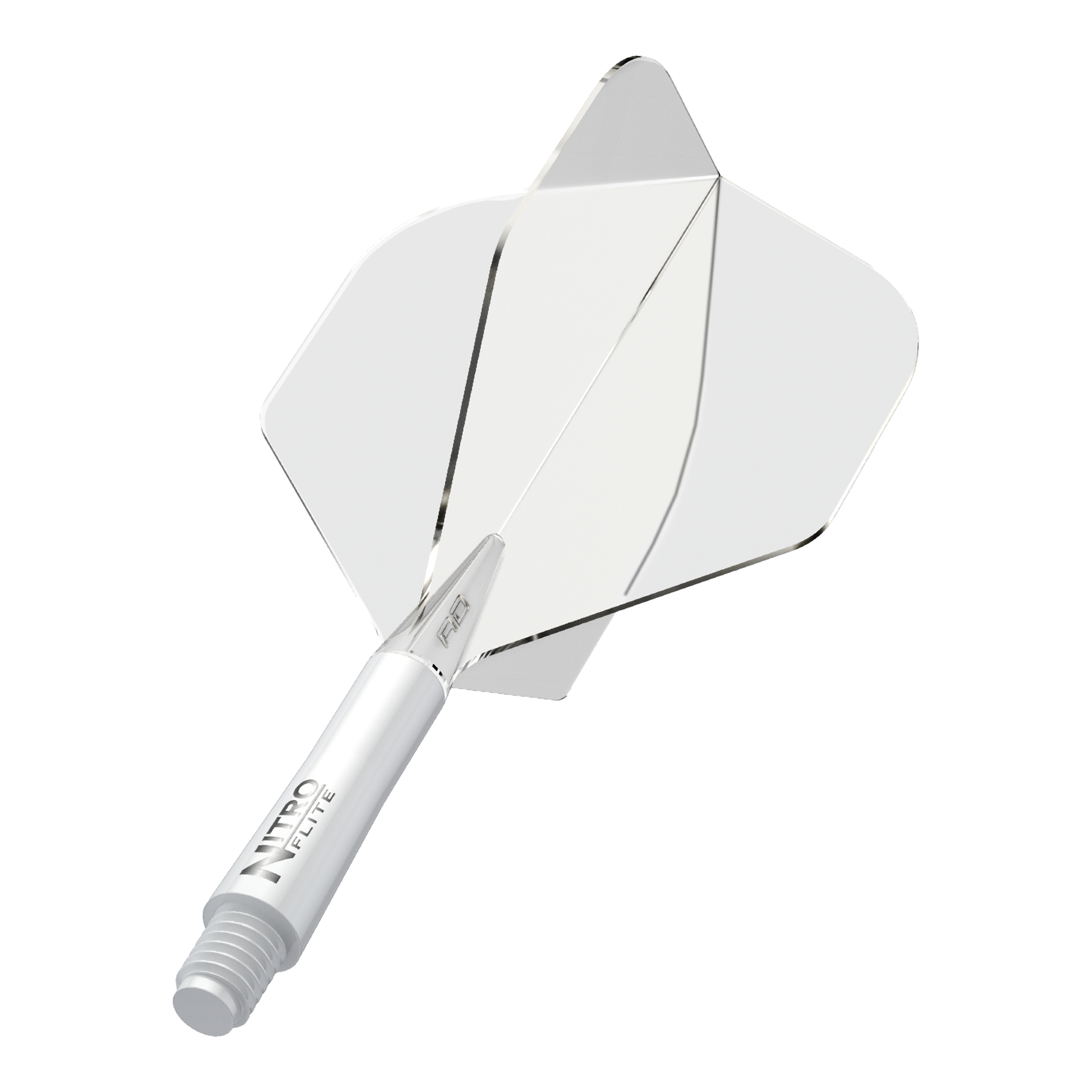 Red Dragon Nitroflite - Eje blanco, plumas transparentes nº 2 Auf dem Bild ist ein weißer Dartpfeil mit klaren Flügeln zu sehen. Auf dem Schaft steht der Schriftzug "NITRO FLITE".