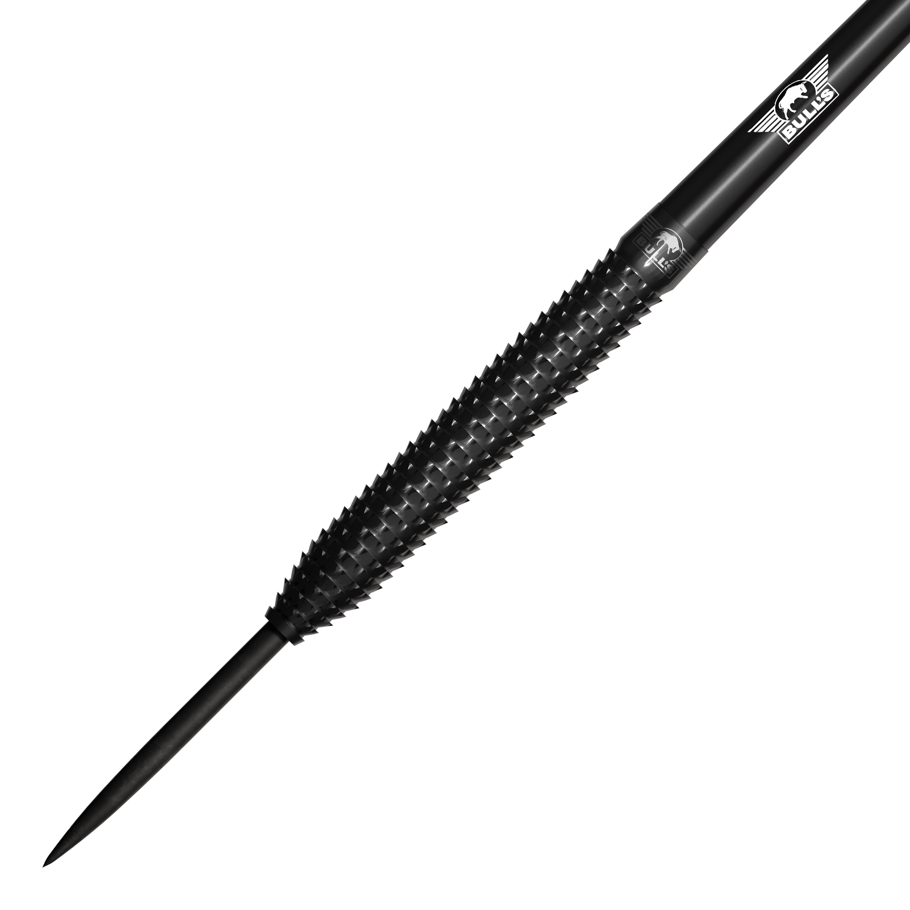 Das Bild zeigt einen schwarzen Steeldart mit einer strukturierten Griffzone. Auf dem Dart ist das Bulls NL Logo zu sehen.