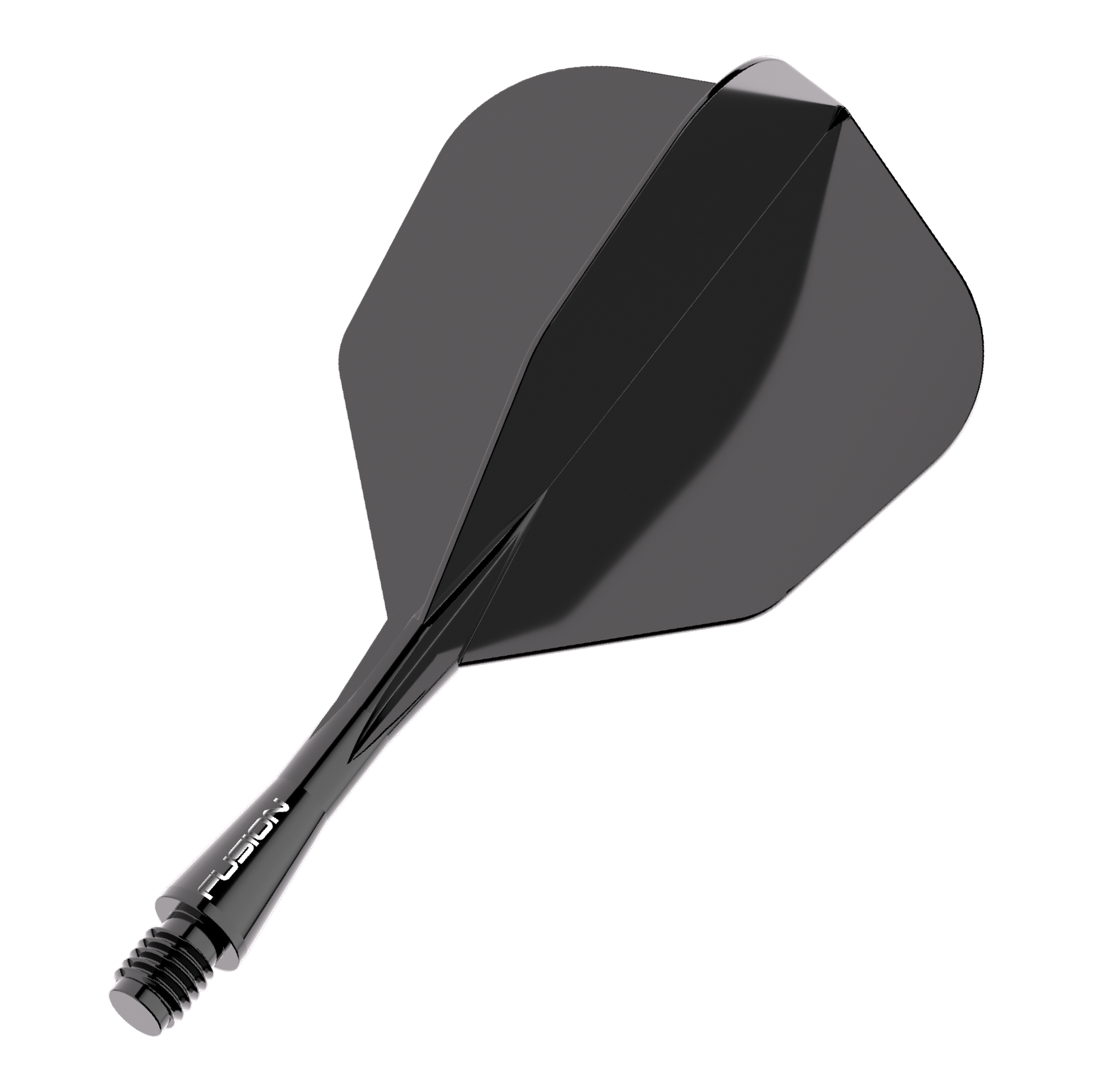 Sistema de eje de vuelo Winmau Fusion n.° 6 negro Das Bild zeigt ein schwarzes Dart Flight-Schaft-System. Es trägt den Schriftzug "FUSION" auf dem Schaft und hat eine glänzende Oberfläche.