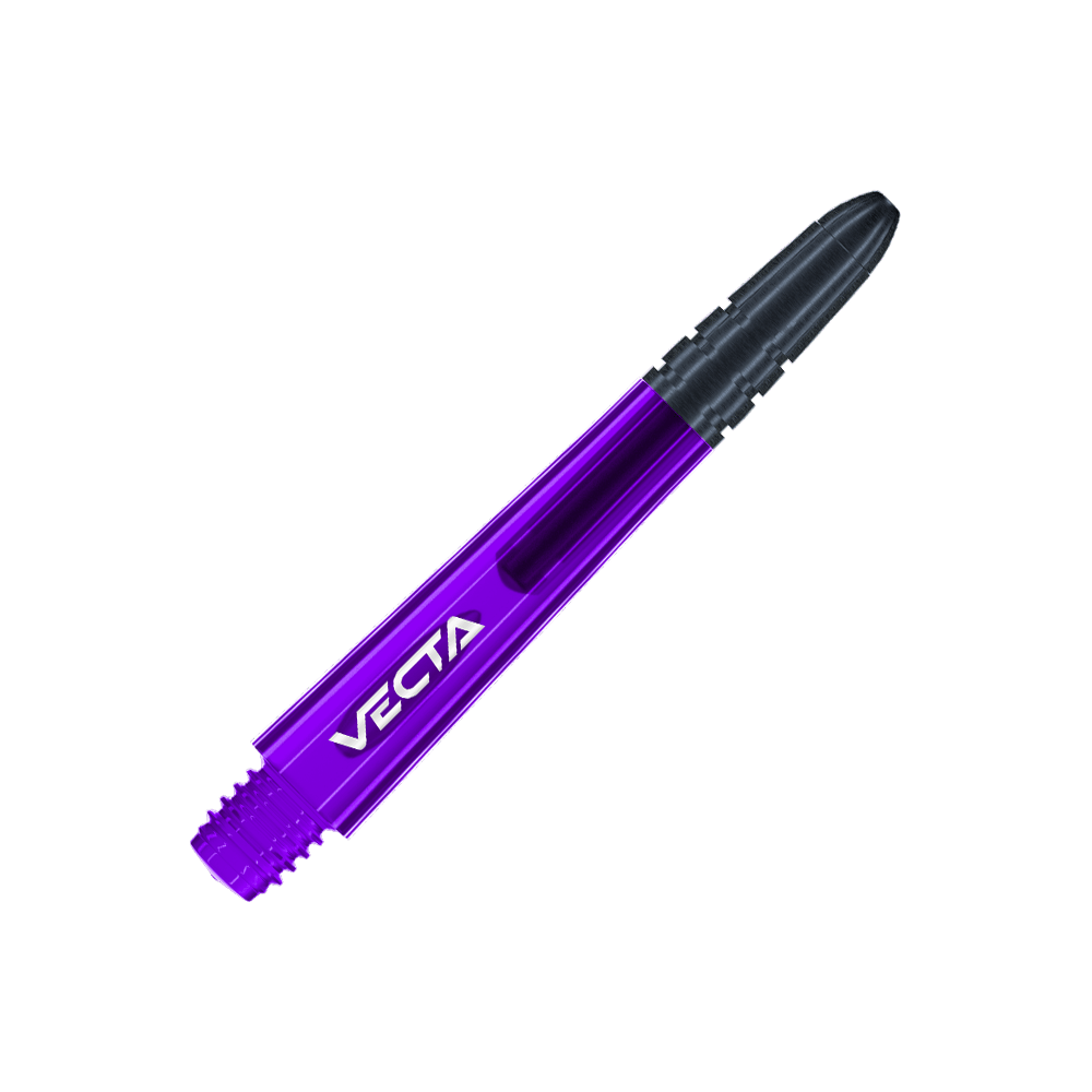 Flechas Winmau Vecta - Morado Negro Das Bild zeigt einen lila und schwarzen Dart-Schaft mit der Aufschrift "VECTA". Der Schaft hat ein glattes, modernes Design und misst 37 mm.