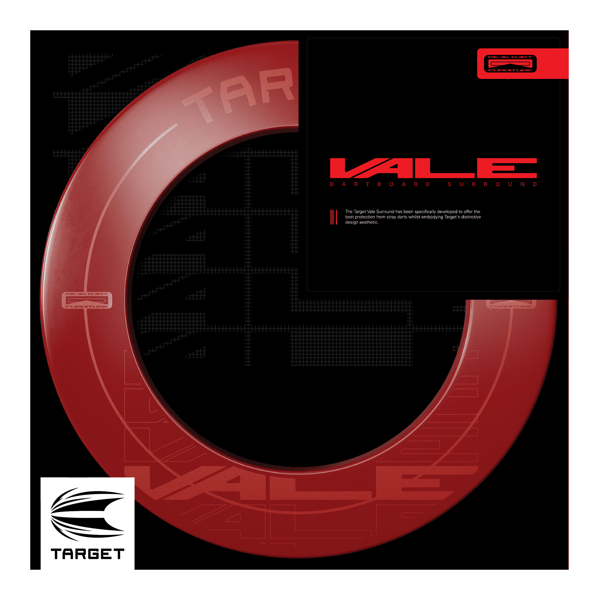 Marco para tablero de dardos Target VALE Das Bild zeigt das Produkt "Target VALE Dartboard Surround" in einem auffälligen roten Design. Es wurde speziell entwickelt, um den bestmöglichen Schutz für Wände beim Dartspiel zu bieten.
