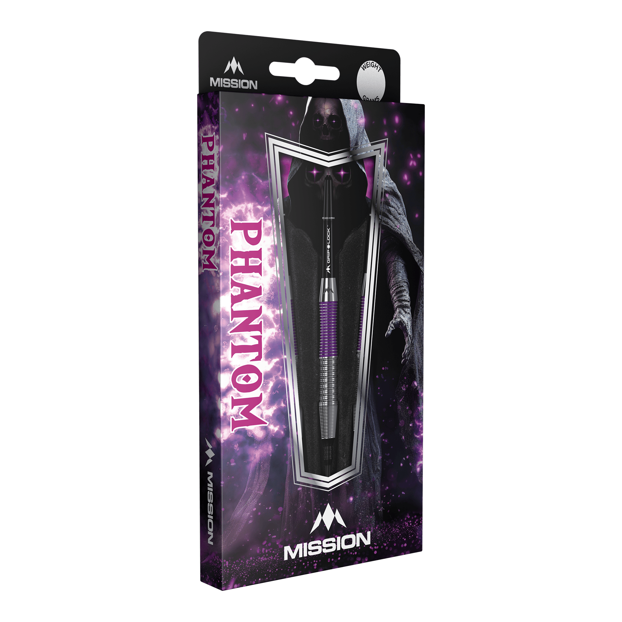Dardos blandos Mission Phantom de latón - 18 g Die Abbildung zeigt die Mission Phantom Brass Softdarts mit einem Gewicht von 18g. Die Verpackung ist lila-schwarz gestaltet und zeigt einen mystischen Phantom-Charakter.