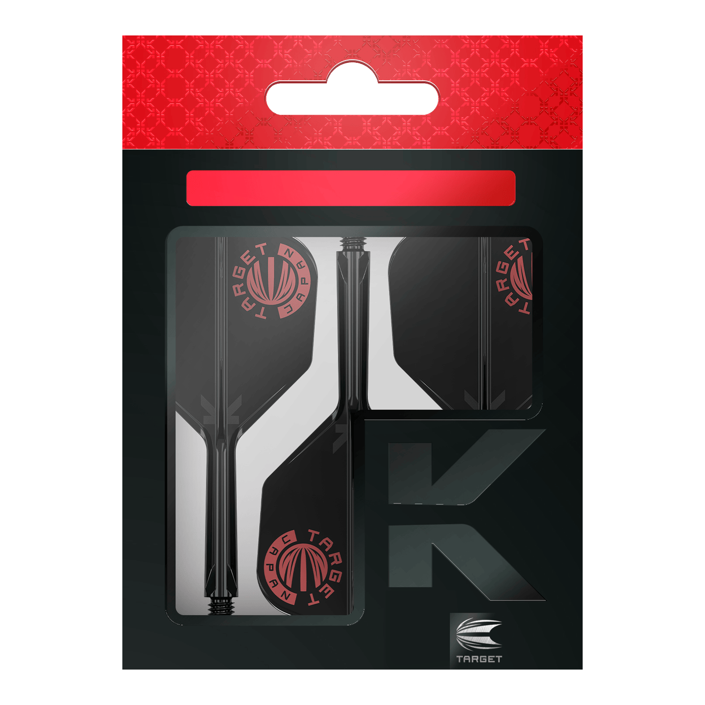 Target Japan K-Flex Logotipo original Rojo Negro No6 Sistema de eje de vuelo Das Bild zeigt die Verpackung des Produkts "Target Japan K-Flex Original Logo Red Black No6 Flight-Shaft-System". Die Verpackung ist schwarz mit roten Akzenten und dem Target-Logo sichtbar.