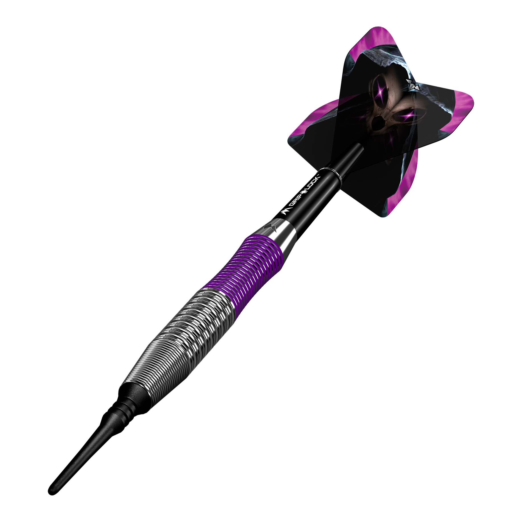 Dardos blandos Mission Phantom de latón - 18 g Dies ist ein Mission Phantom Brass Softdart mit einem Gewicht von 18g. Der Dart hat ein auffälliges Design mit lila und schwarzen Akzenten.