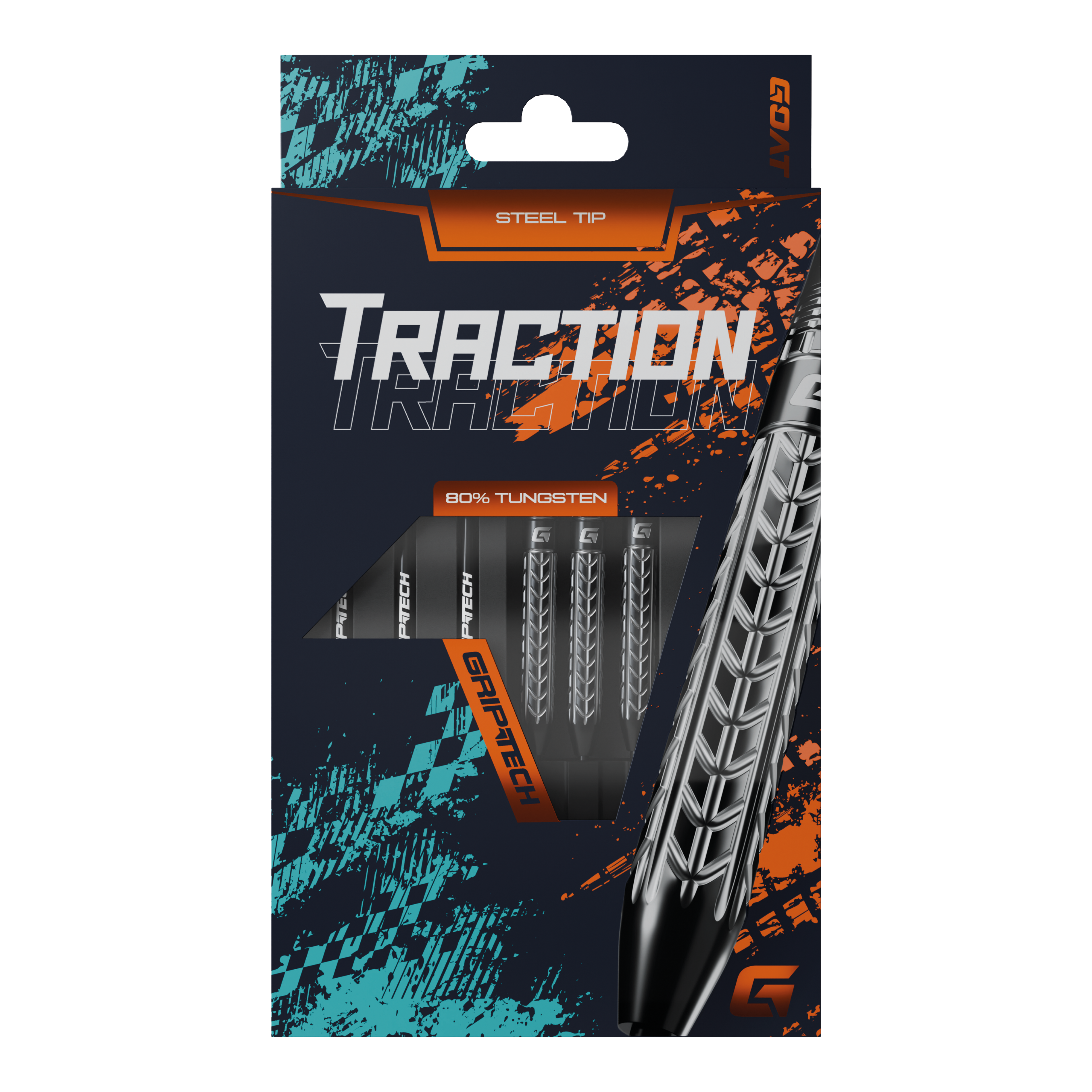 Dardos de acero de tungsteno con tracción GOAT Die Abbildung zeigt die Verpackung der "GOAT Traction Tungsten Steeldarts" mit Stahlspitzen. Auf der Vorderseite ist das auffällige Design und der Hinweis auf 80% Tungsten sowie GRIPTECH deutlich sichtbar.