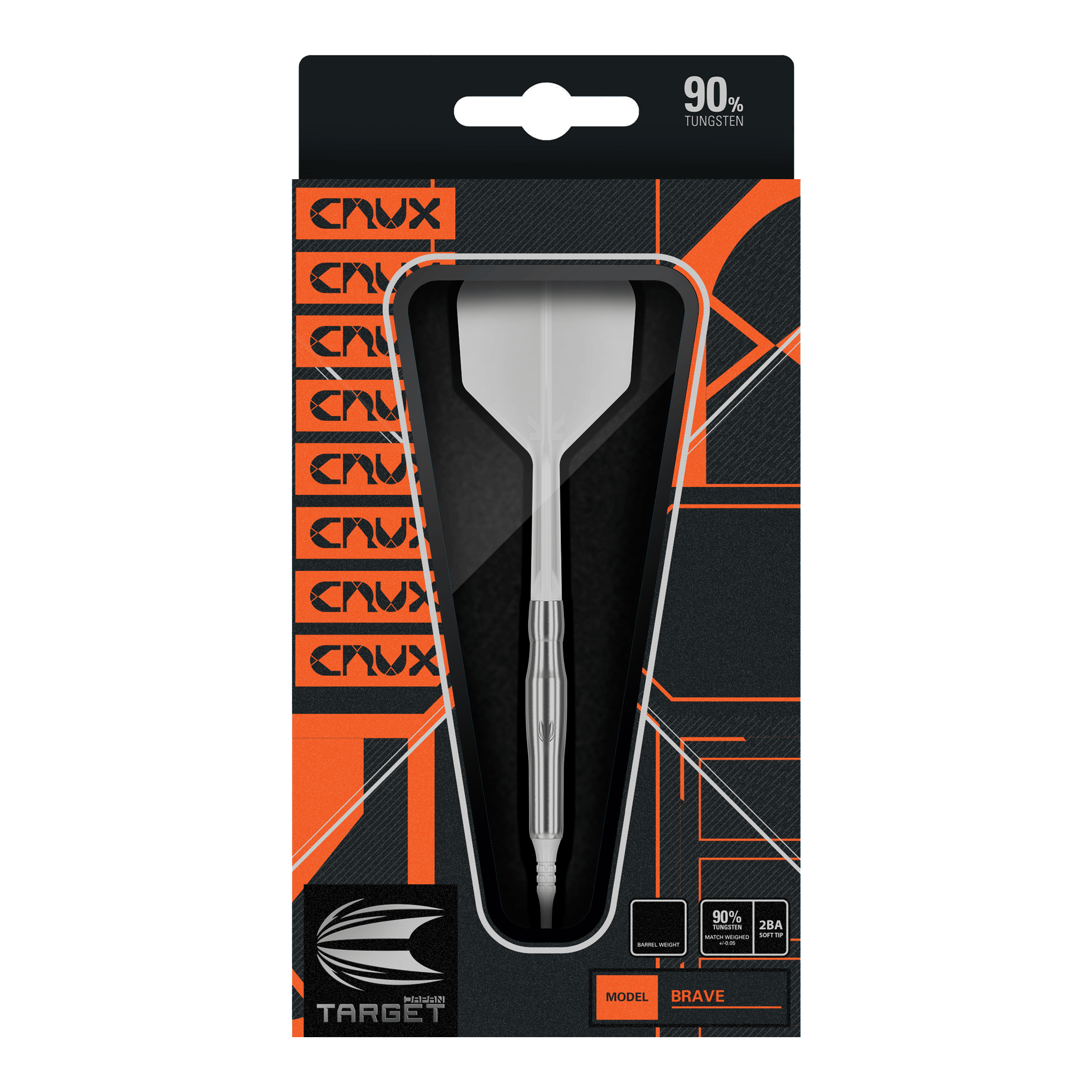 Dardos blandos Target Japan Crux Brave - 18,5 g Das Bild zeigt die Verpackung des Produkts "Target Japan Crux Brave Softdarts - 18,5g". Der Dartpfeil ist gut sichtbar in einer schwarzen und orangefarbenen Box präsentiert.