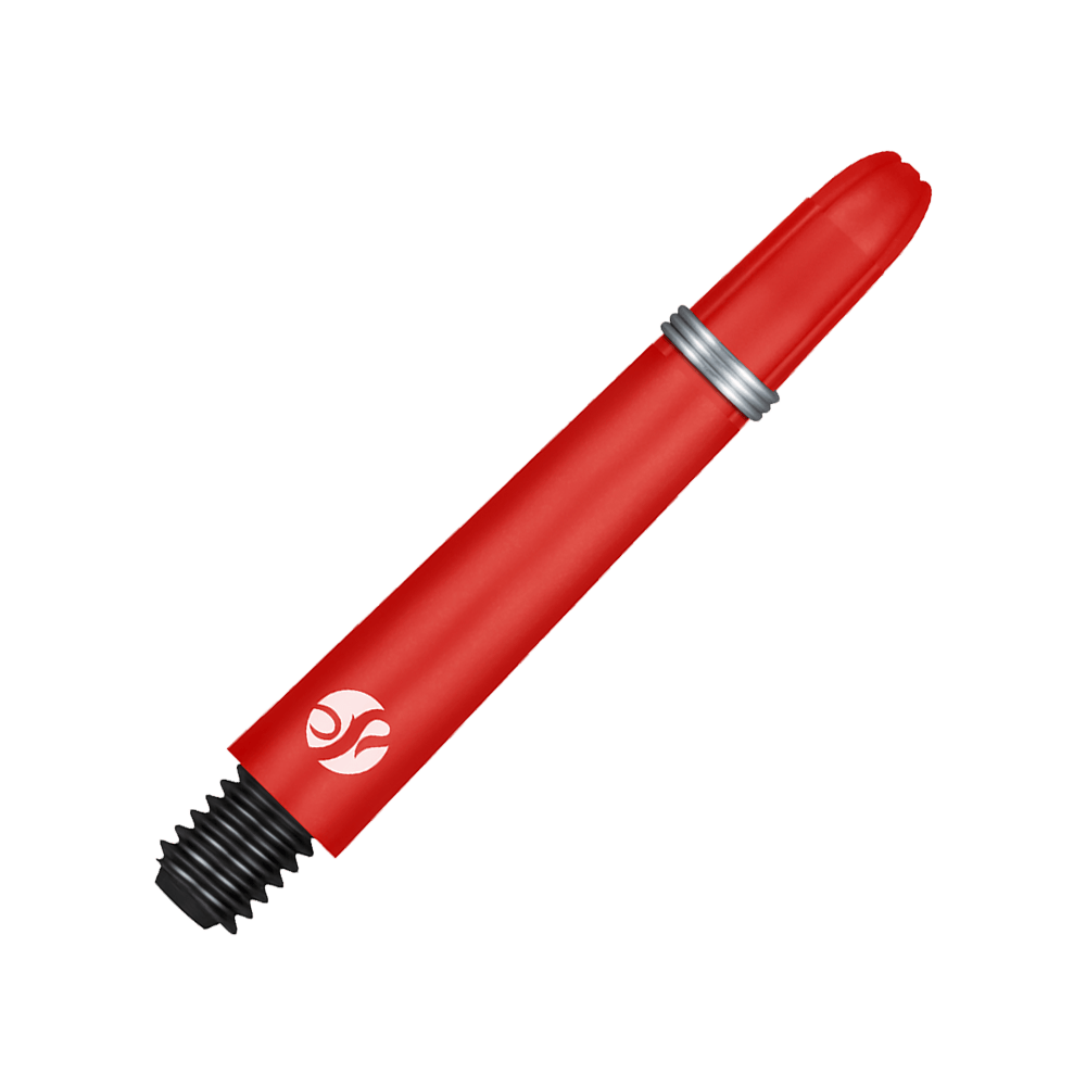 Flechas de carbono Shot Koi - Rojo Auf dem Bild ist ein roter Carbon-Schaft für Dartpfeile zu sehen. Er hat ein silbernes Ringdetail und ein schwarzes Schraubgewinde am Ende.