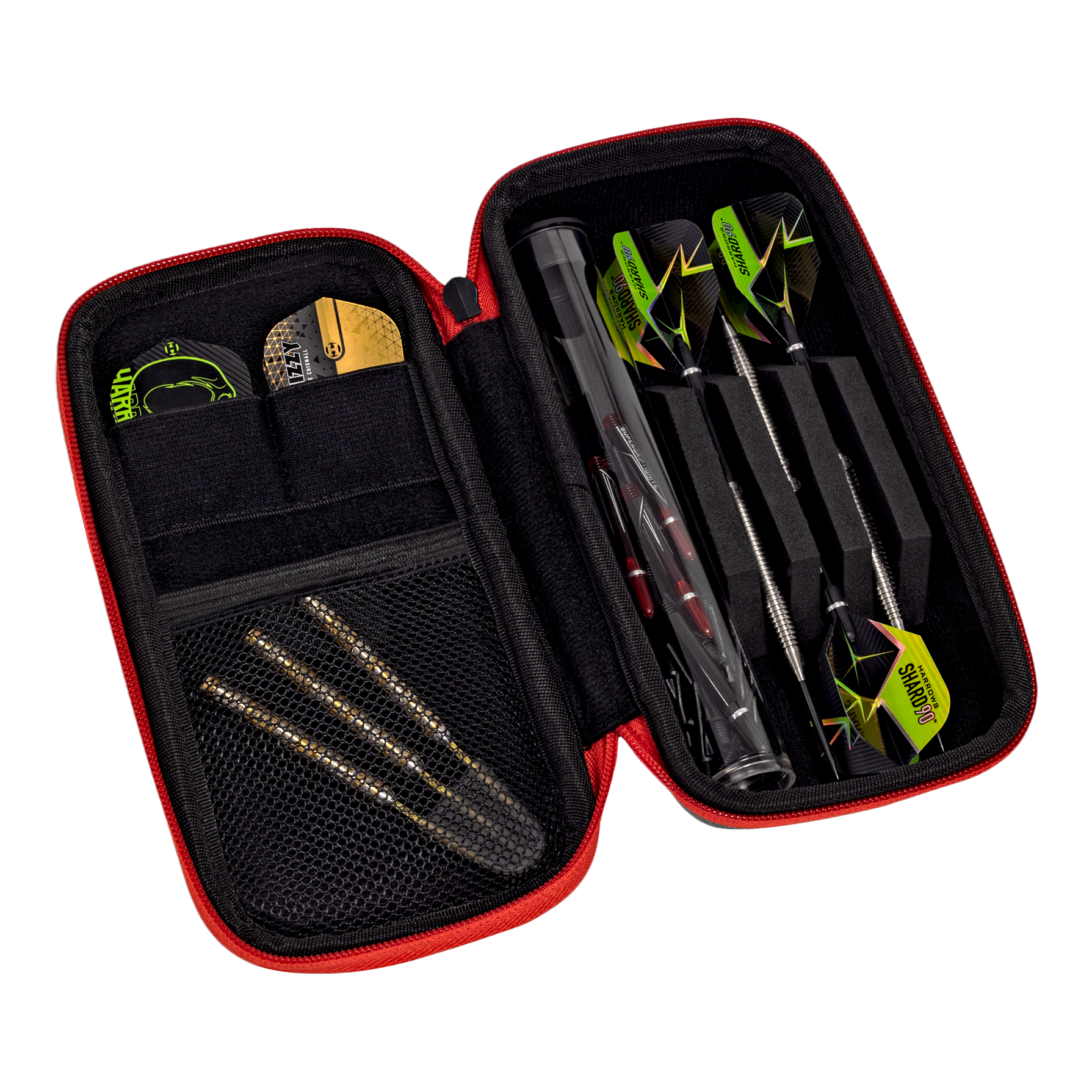 Cartera inteligente Harrows Dartcase Das Bild zeigt ein geöffnetes Dart-Case mit allerlei Zubehör. Auf der rechten Seite sind drei zusammengebaute Dartpfeile ordentlich verstaut.