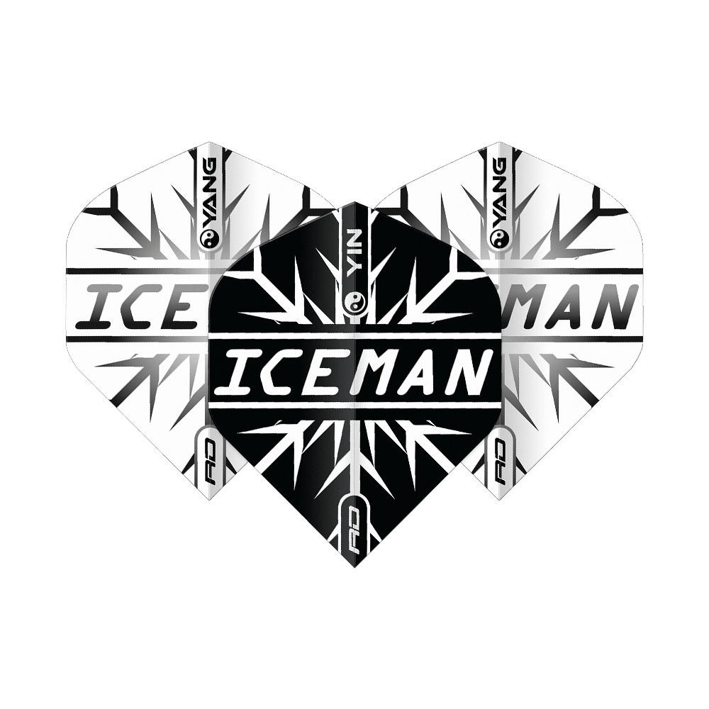 Vuelos estándar Red Dragon Gerwyn Price Iceman Black White Yin Yang Das Bild zeigt Dart-Flights in einem Yin-Yang-Design in Schwarz und Weiß mit dem Schriftzug "ICEMAN" in der Mitte. Das Muster erinnert an Eiskristalle und trägt das Markenlogo "Red Dragon".