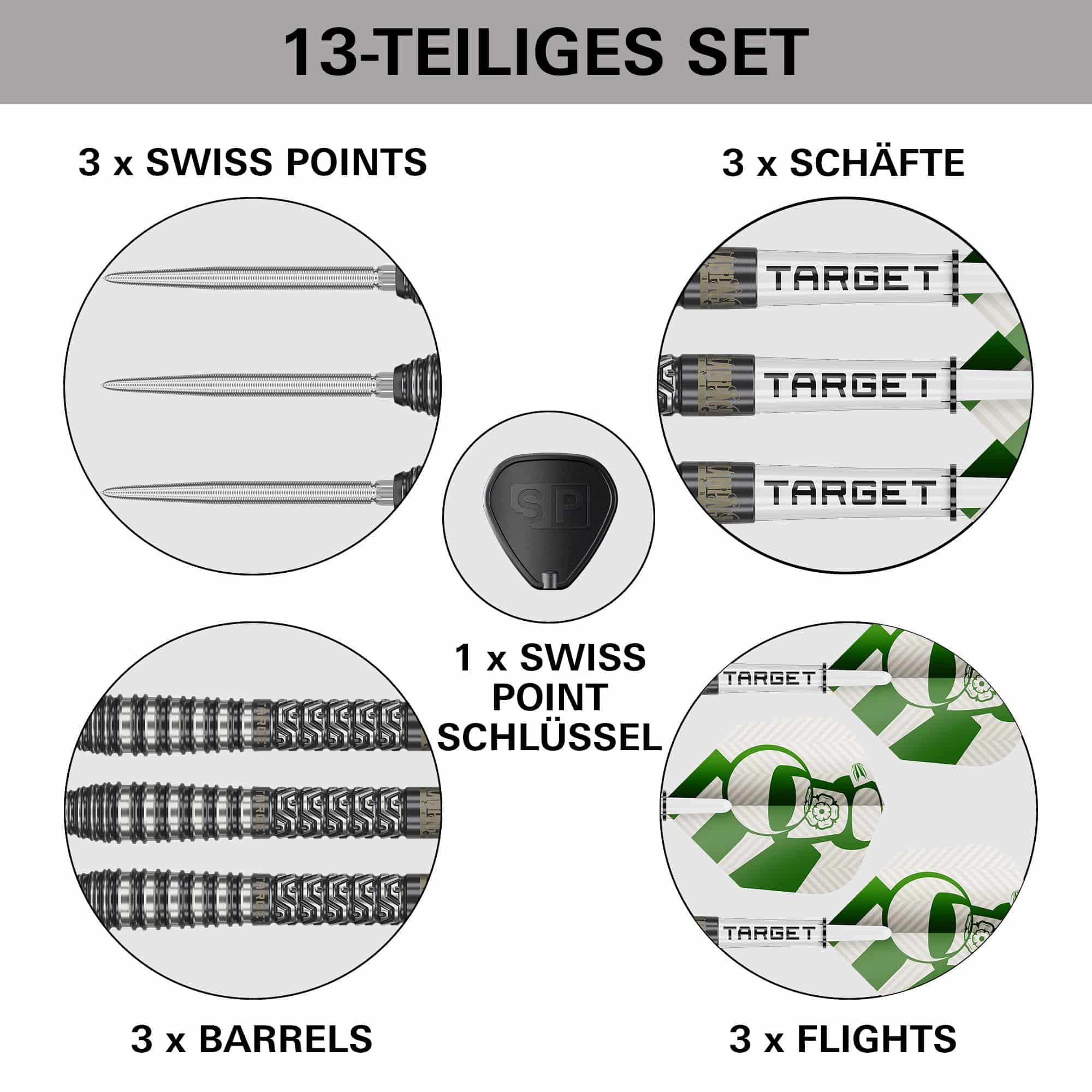 Dardos de acero Target Charlie Manby Swiss Points Das Bild zeigt die Target Charlie Manby Swiss Points Steeldarts. Sie eignen sich für professionelle Dartspieler.