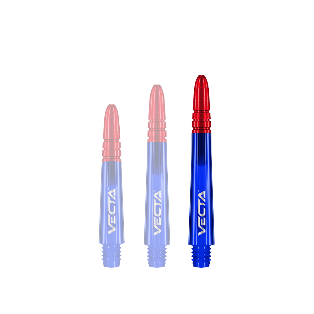 Flechas Winmau Vecta - Azul Rojo Das Bild zeigt drei Dartschäfte in den Farben Blau und Rot. Auf jedem Schaft steht der Schriftzug „VECTA“.