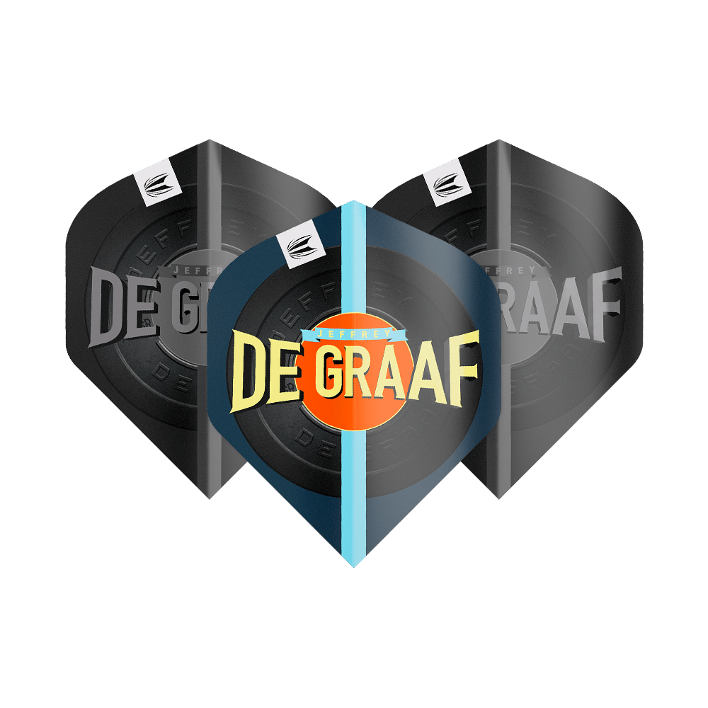 Target Pro Ultra Jeffrey De Graaf GEN1 No2 Vuelos Estándar - 3 juegos Das Bild zeigt drei Sätze Target Pro Ultra Jeffrey De Graaf GEN1 No2 Standard Flights. Auf den Flights steht groß „DE GRAAF“ und sie haben ein modernes Design in Schwarz und Blau.
