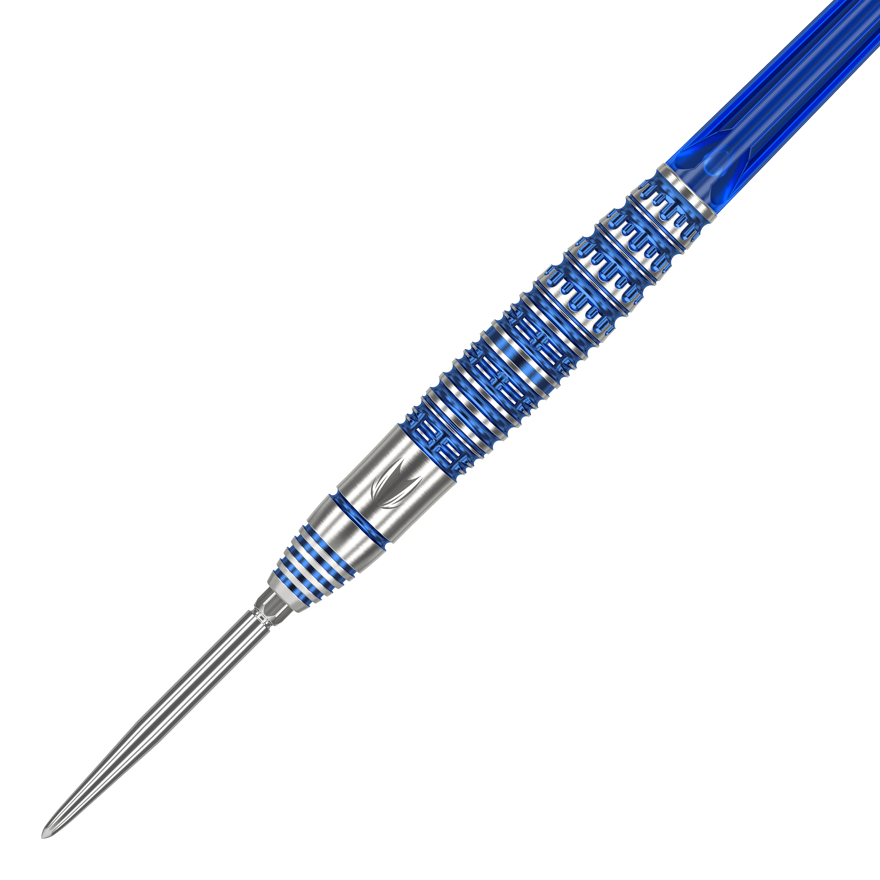 Dardos de acero Target Japan Toru Suzuki Sereno GEN1 Swiss Point - 21 g Das Bild zeigt einen Target Japan Toru Suzuki Sereno GEN1 Swiss Point Steeldart mit 21g Gewicht. Der Dartpfeil ist silberfarben mit blauen Akzenten und hat ein auffälliges Rillenmuster am Barrel.