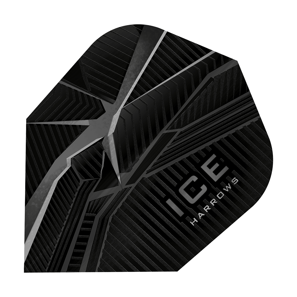 HR42_Harrows_Ice_Recut_Schwarz_Standard_Flights_1 Dies ist ein Harrows Ice Recut Standard Flight für Darts. Das Flight ist schwarz mit silbernen Linien und dem weißen Aufdruck "ICE Harrows".