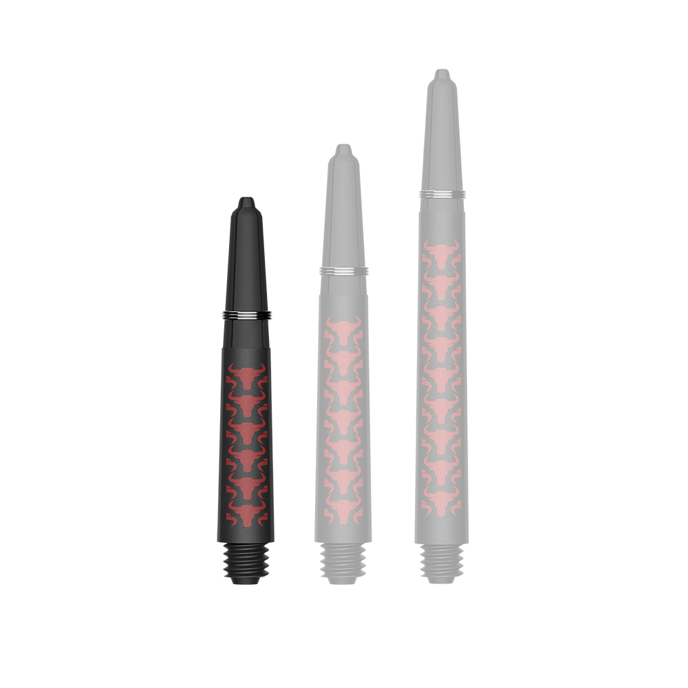 Zu sehen ist ein Dartzubehör, speziell eine Capo Carbon Shaft in Rot und kurzer Ausführung mit 34mm Länge. Das Produkt dient vermutlich als Teil eines Dartpfeils.