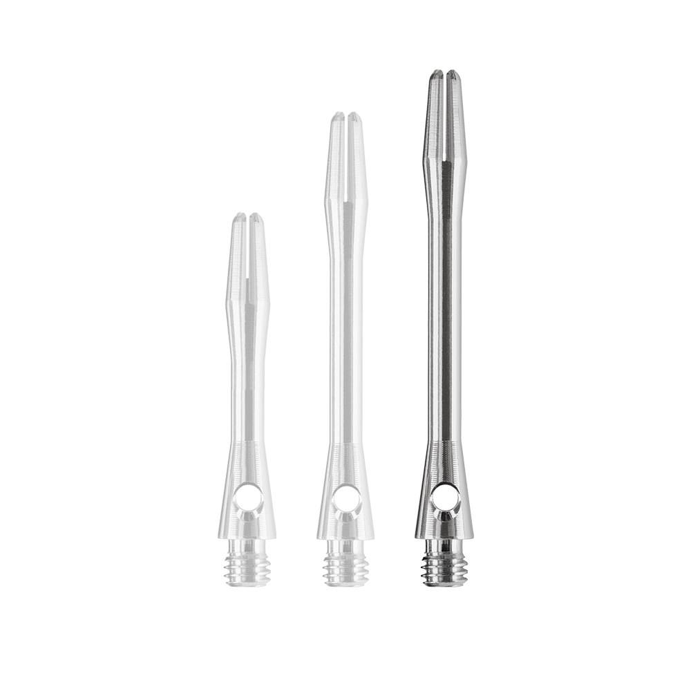 HR371_Harrows_Keramic_Shafts_Gun_Metal_47mm_1vpsXv4za7X8VV Das Bild zeigt drei Harrows Keramic Shafts in der Farbe Gun Metal. Die Dartschäfte sind in unterschiedlichen Längen angeordnet.