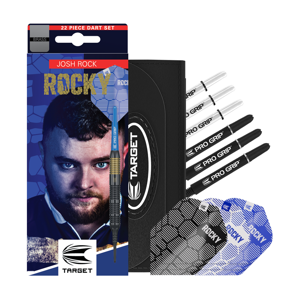 Dardos blandos Target Josh Rock Brass - 18 g Das Bild zeigt das Produkt "Target Josh Rock Brass Softdarts - 18g" mit Zubehör wie Flights und Shafts. Auf der Verpackung ist ein Porträt sowie der Name des Spielers Josh Rock zu sehen.