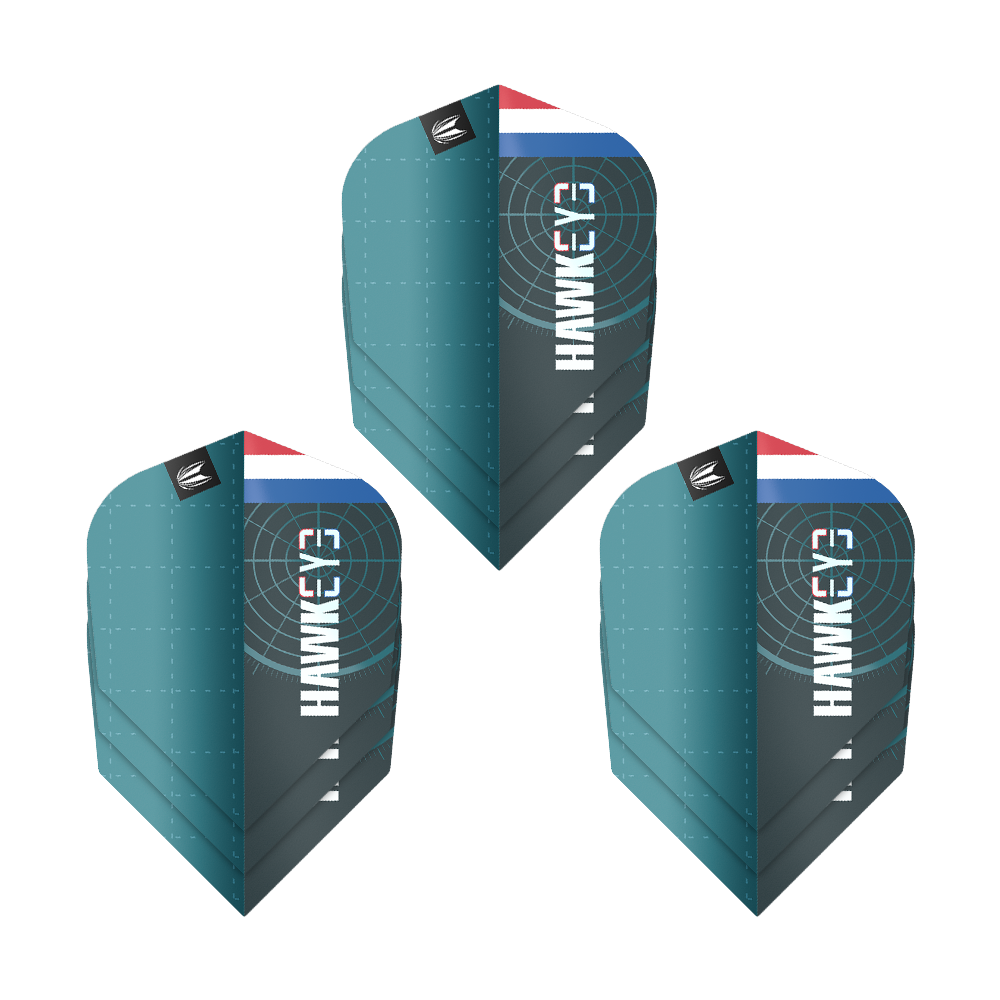 Vuelos Target Pro Ultra Kevin Doets GEN1 No6 - 3 juegos Das Bild zeigt drei Sätze der Target Pro Ultra Kevin Doets GEN1 No6 Flights. Die Flights sind blau-grün und haben das Wort "Hawkeye" sowie ein Target-Design und eine kleine Flagge.