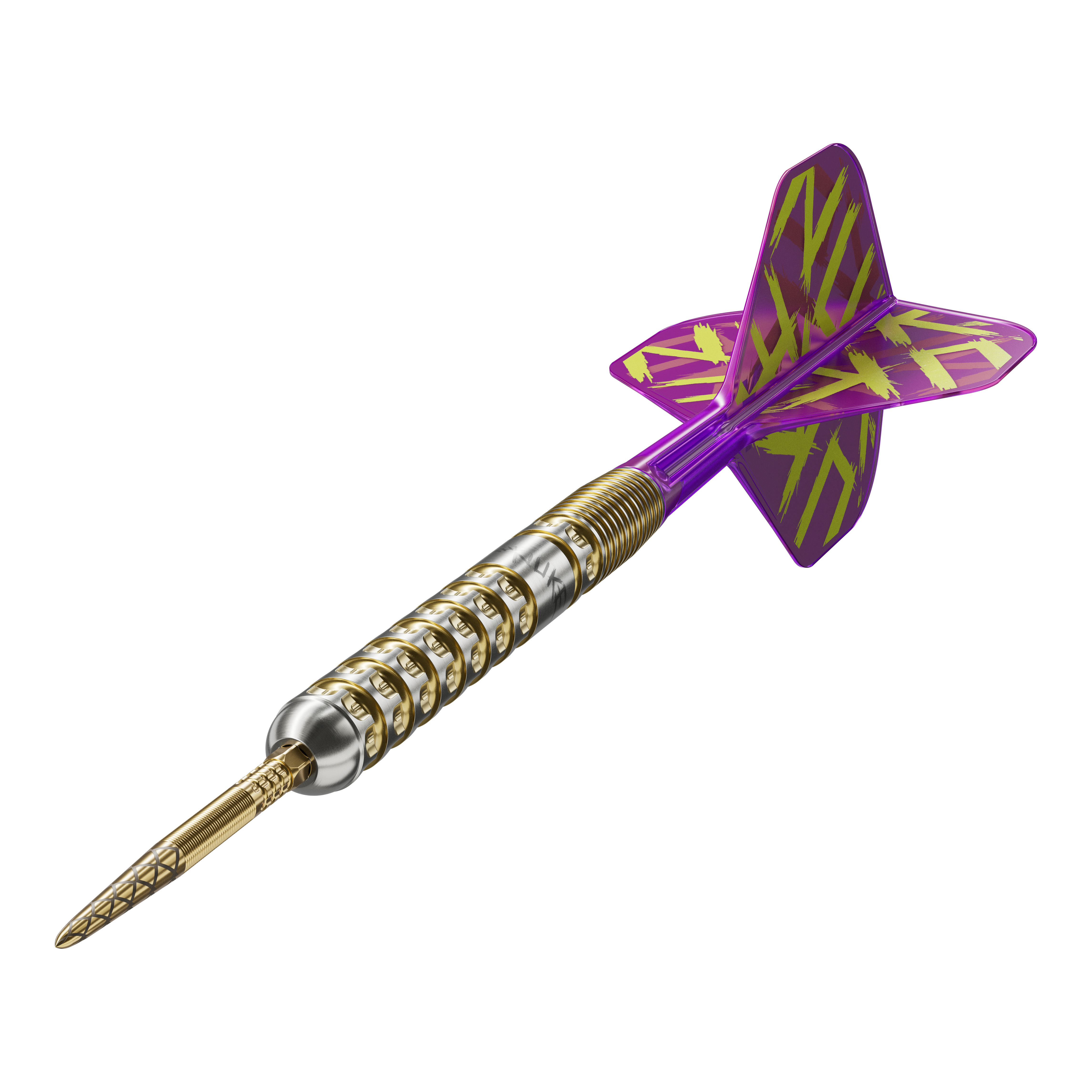 Dardos de acero Target Luke Littler GEN1 Prodigy Swiss Point Das Bild zeigt einen Target Luke Littler GEN1 Prodigy Swiss Point Steeldart. Der Dart hat einen gold-silbernen Schaft und lila Flights mit gelbem Muster.