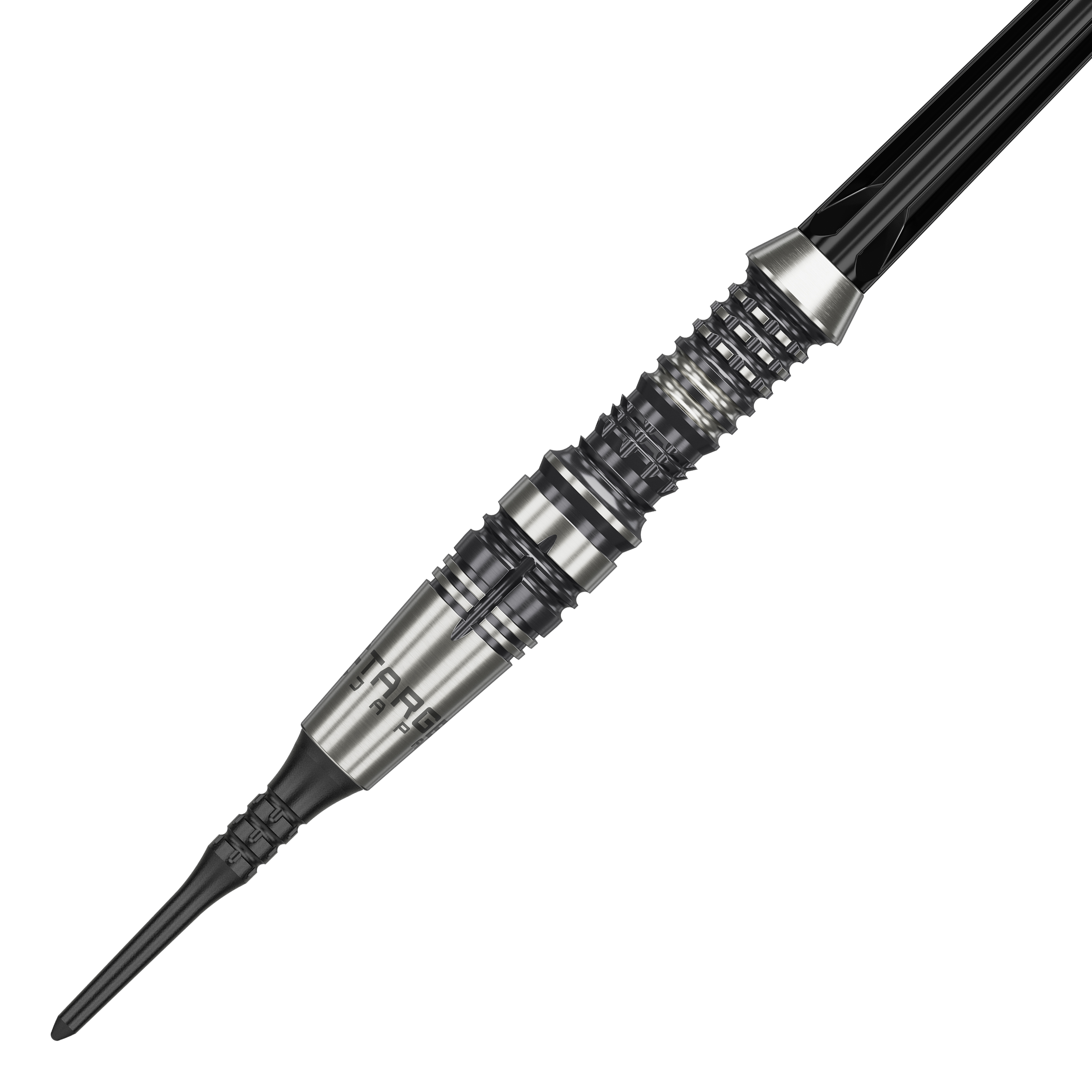 Dardos blandos Target Japan Black Marque Heracles - 18 g Das Bild zeigt einen Target Japan Black Marque Heracles Softdart mit einem Gewicht von 18g. Der Dartpfeil hat ein silbernes, fein geriffeltes Barrel und eine schwarze Spitze.